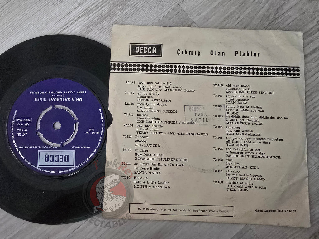 Terry Dactyl & The Dinosaurs – On A Saturday Night 7" Promo Turkish Pressing Vinyl Turkey Edition