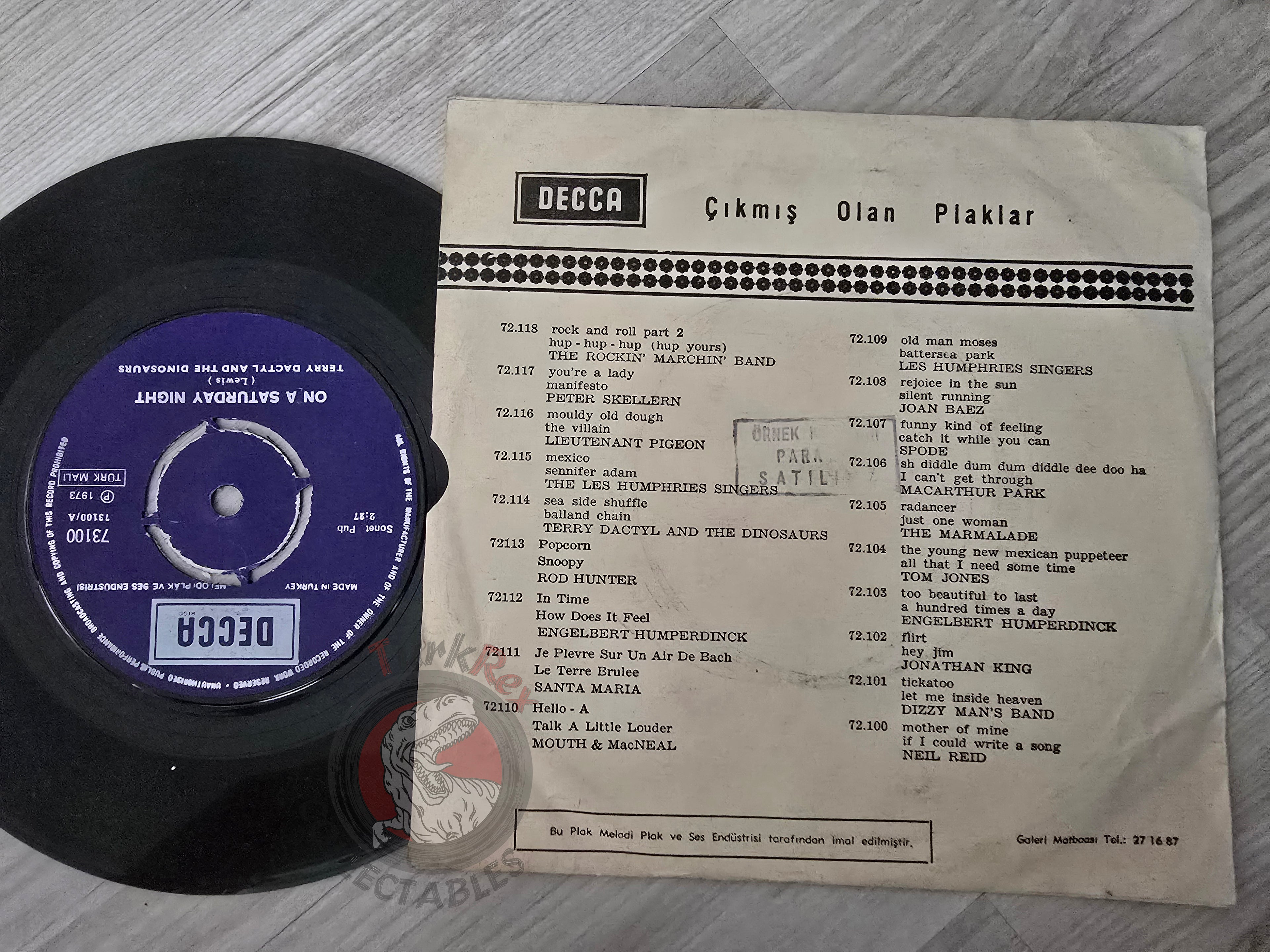 Terry Dactyl & The Dinosaurs – On A Saturday Night 7" Promo Turkish Pressing Vinyl Turkey Edition