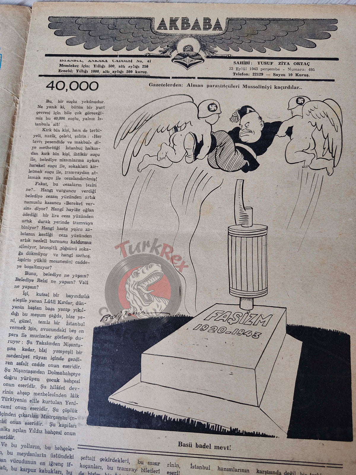 Akbaba 1943 Humor Magazine Turkish Turkey USA Uncle Sam WW2 era Germany Mussolini Goebbels