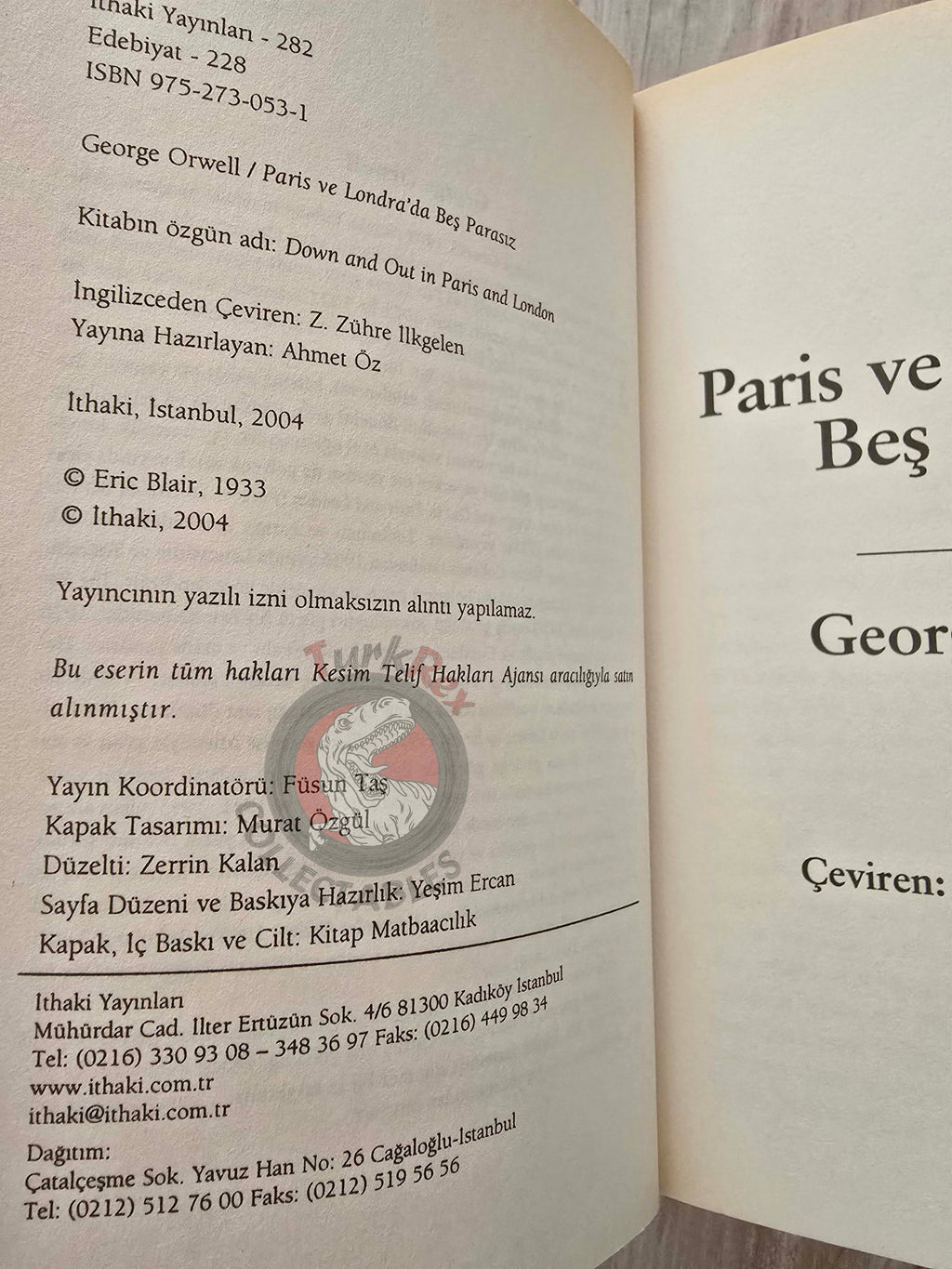 George Orwell – Down and Out in Paris and London 2004 Turkish Book Turkey