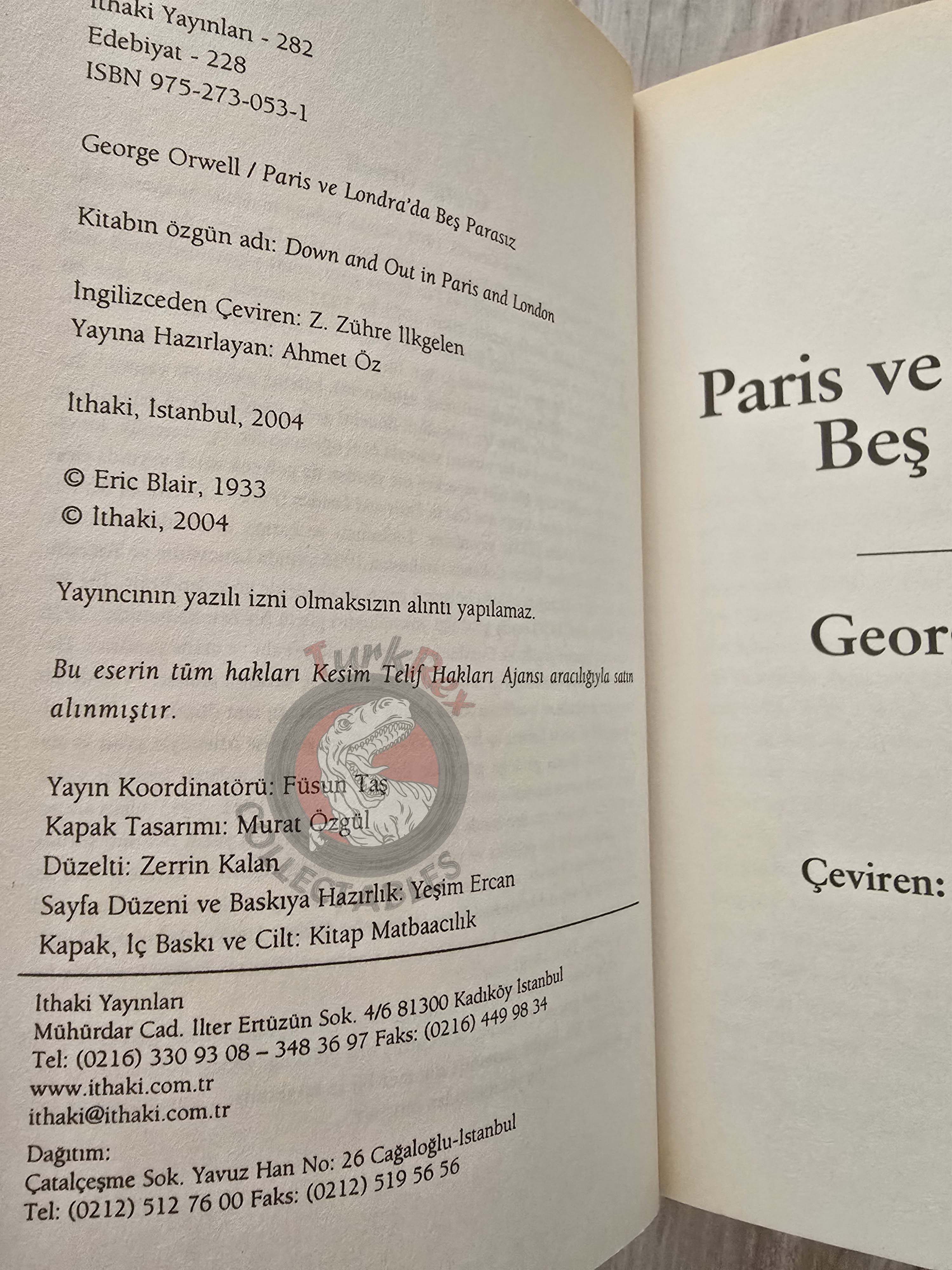 George Orwell – Down and Out in Paris and London 2004 Turkish Book Turkey