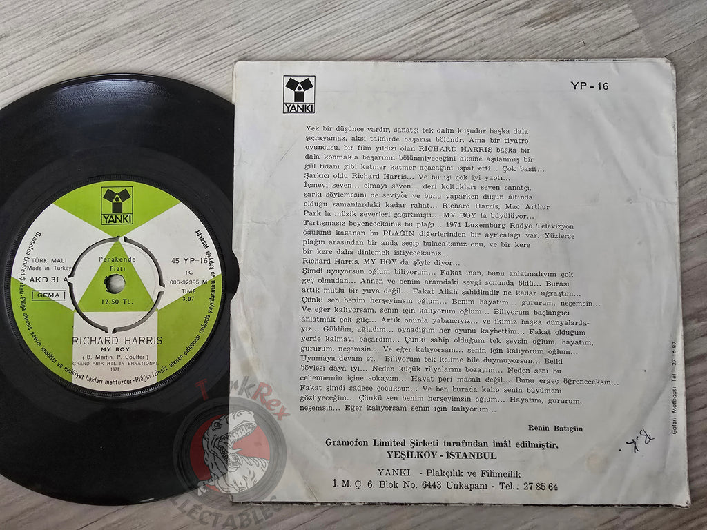 Richard Harris – My Boy 7" Turkish Pressing Vinyl Turkey Edition