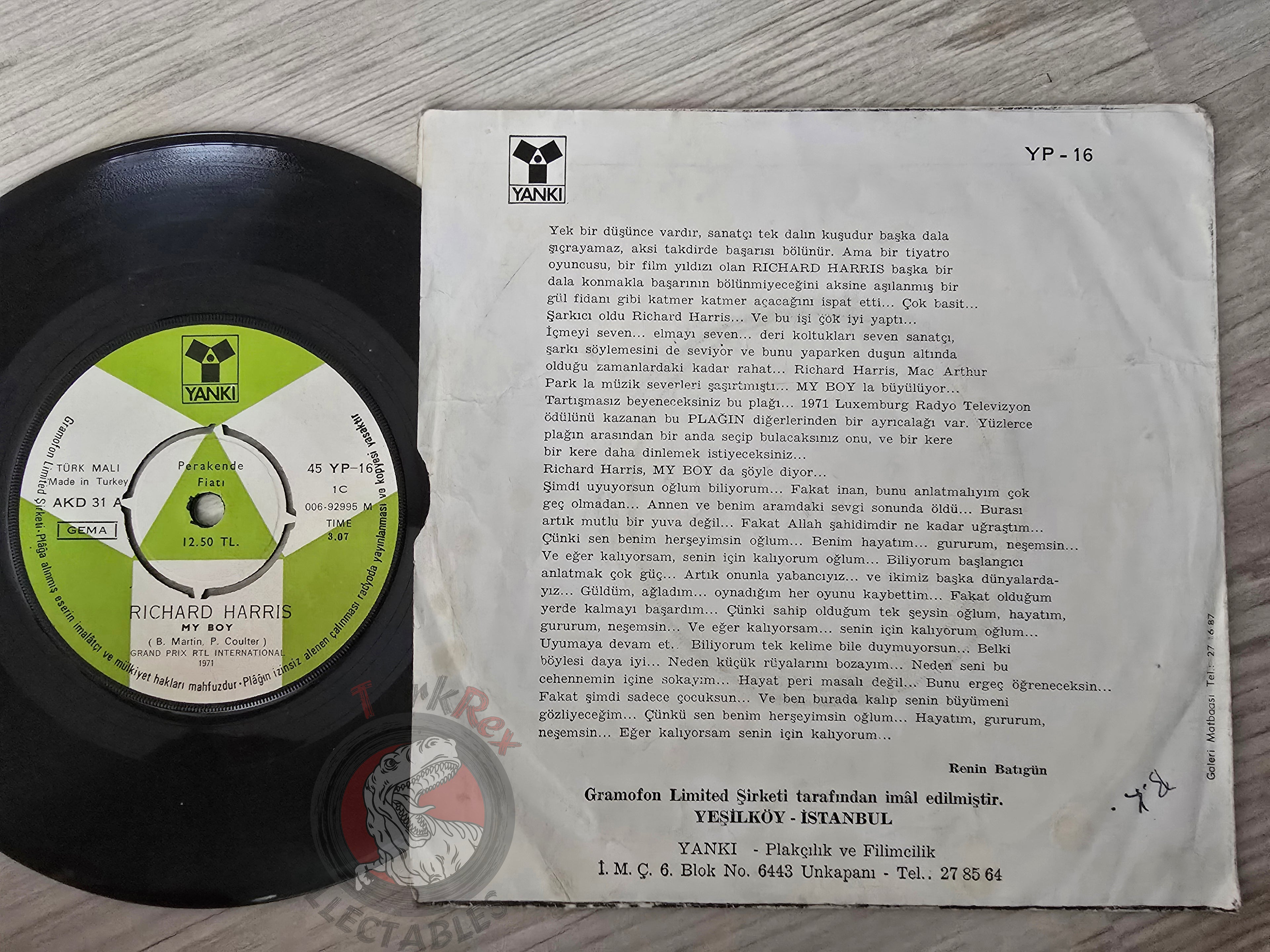 Richard Harris – My Boy 7" Turkish Pressing Vinyl Turkey Edition