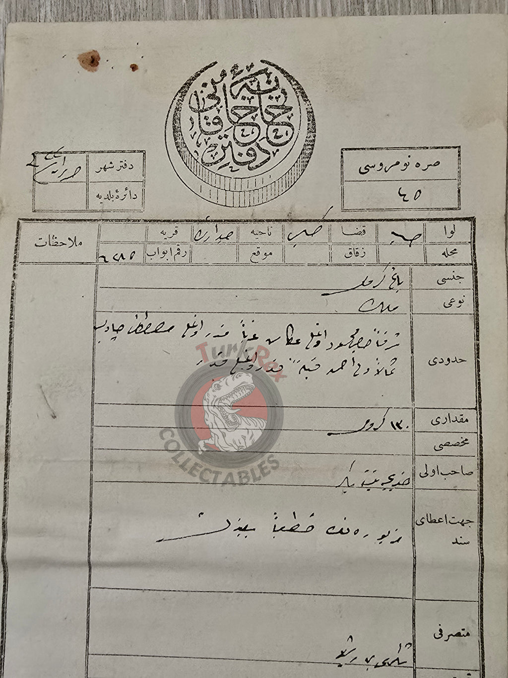 Ottoman 1906 Land Deed Vineyard in Aleppo Sanjak Kilis Title Deed