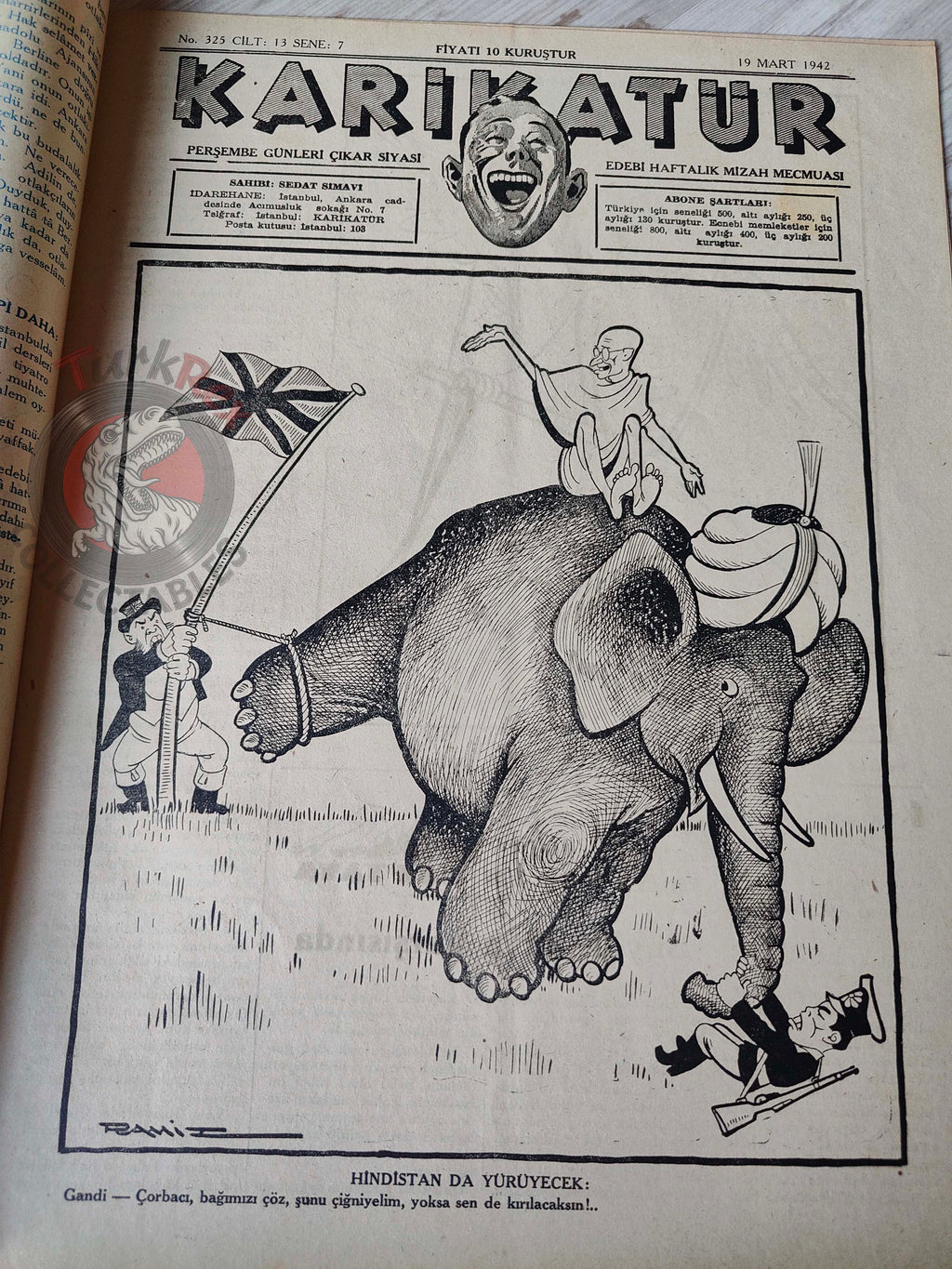 Karikatür 1942 Humor Magazine Turkish Turkey Mahatma Gandhi India WW2 era Churchill Roosevelt