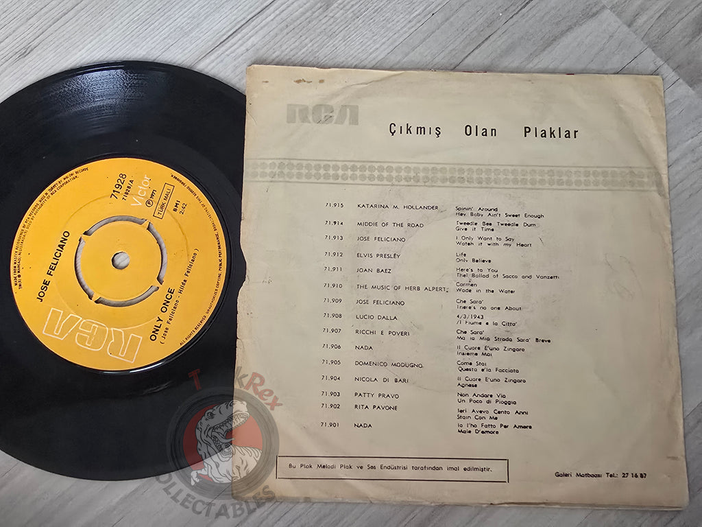 Jose Feliciano – Come Down Jesus / Only Once 7" Turkish Pressing Vinyl Turkey Edition