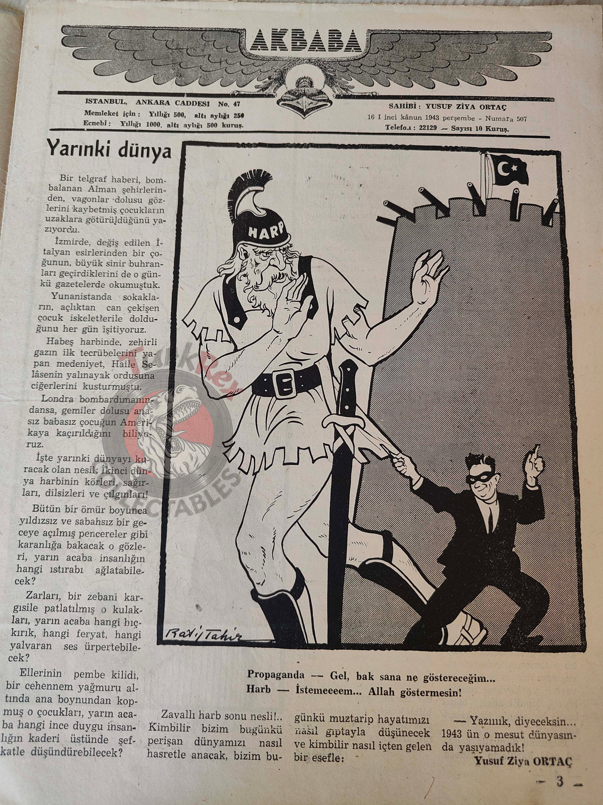 Akbaba 1943 Humor Magazine Turkish Turkey Germany Japan WW2 era China Churchill USA Uncle Sam