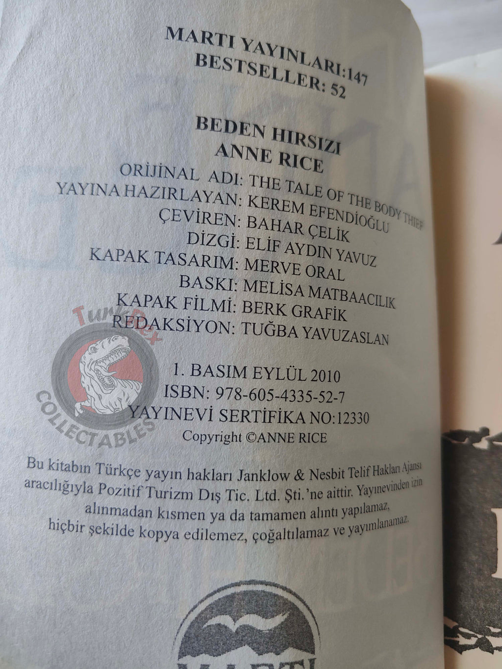Anne Rice – The Tale of the Body Thief 2010 1st Turkish Book Turkey