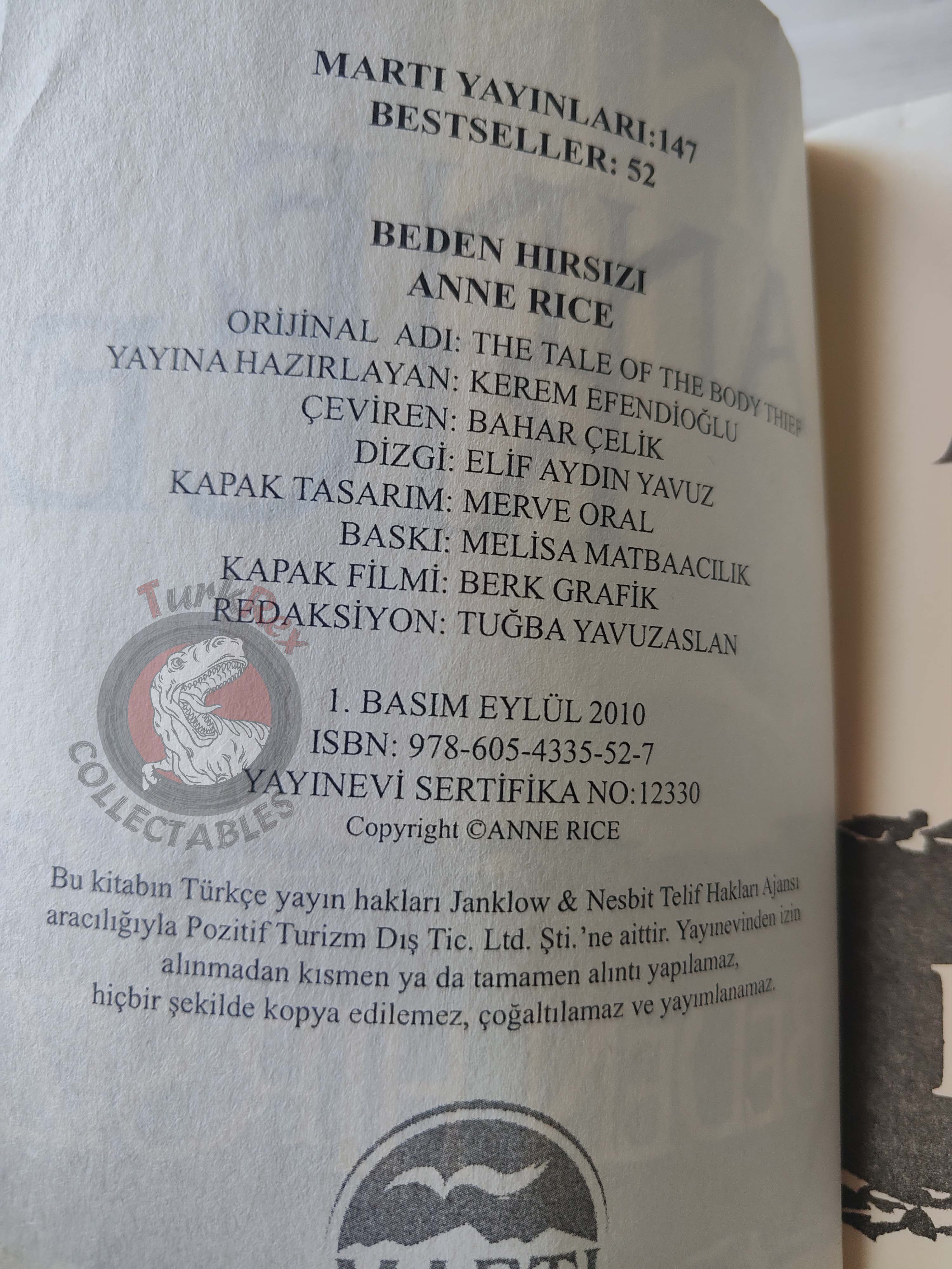 Anne Rice – The Tale of the Body Thief 2010 1st Turkish Book Turkey