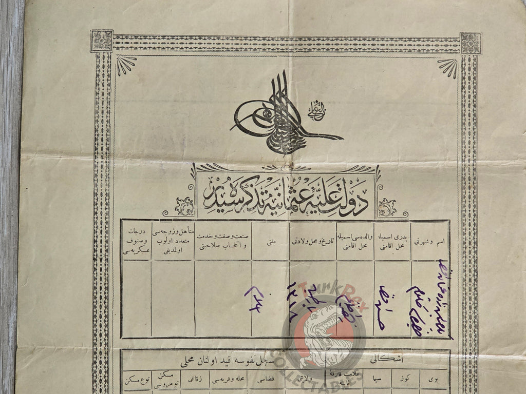 Ottoman Identity Document 1905 Kastamonu Bartın Muslim Female Citizen Gülsüm