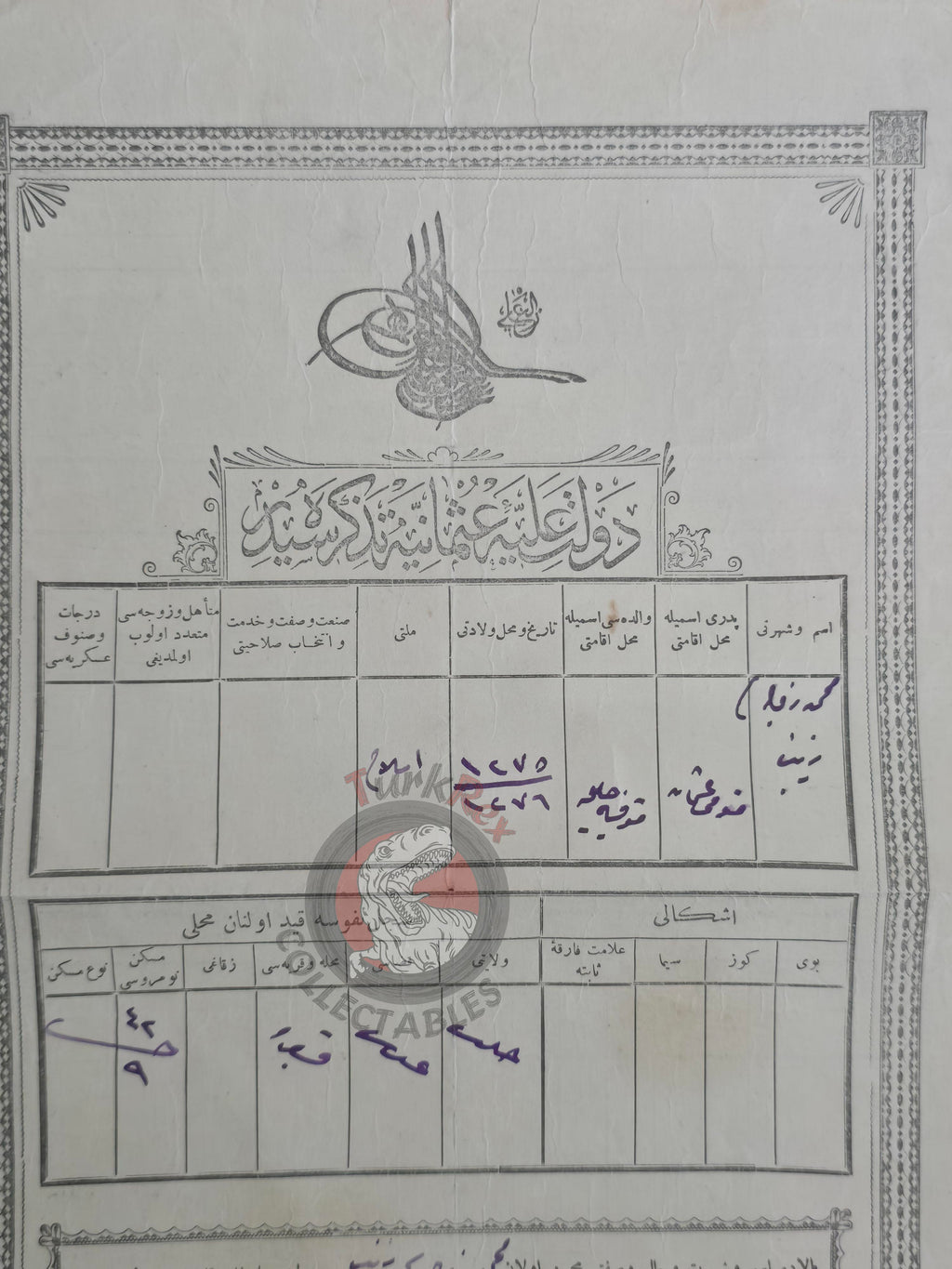 Ottoman Identity Document 1905 Gaziantep Muslim Female Citizen Zeynep