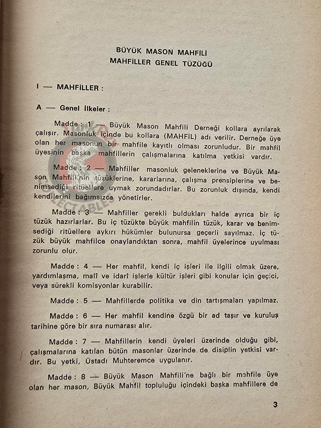 Turkish Freemasonry General Regulations of the Lodges 1974 Booklet Masonic Masons of Turkey