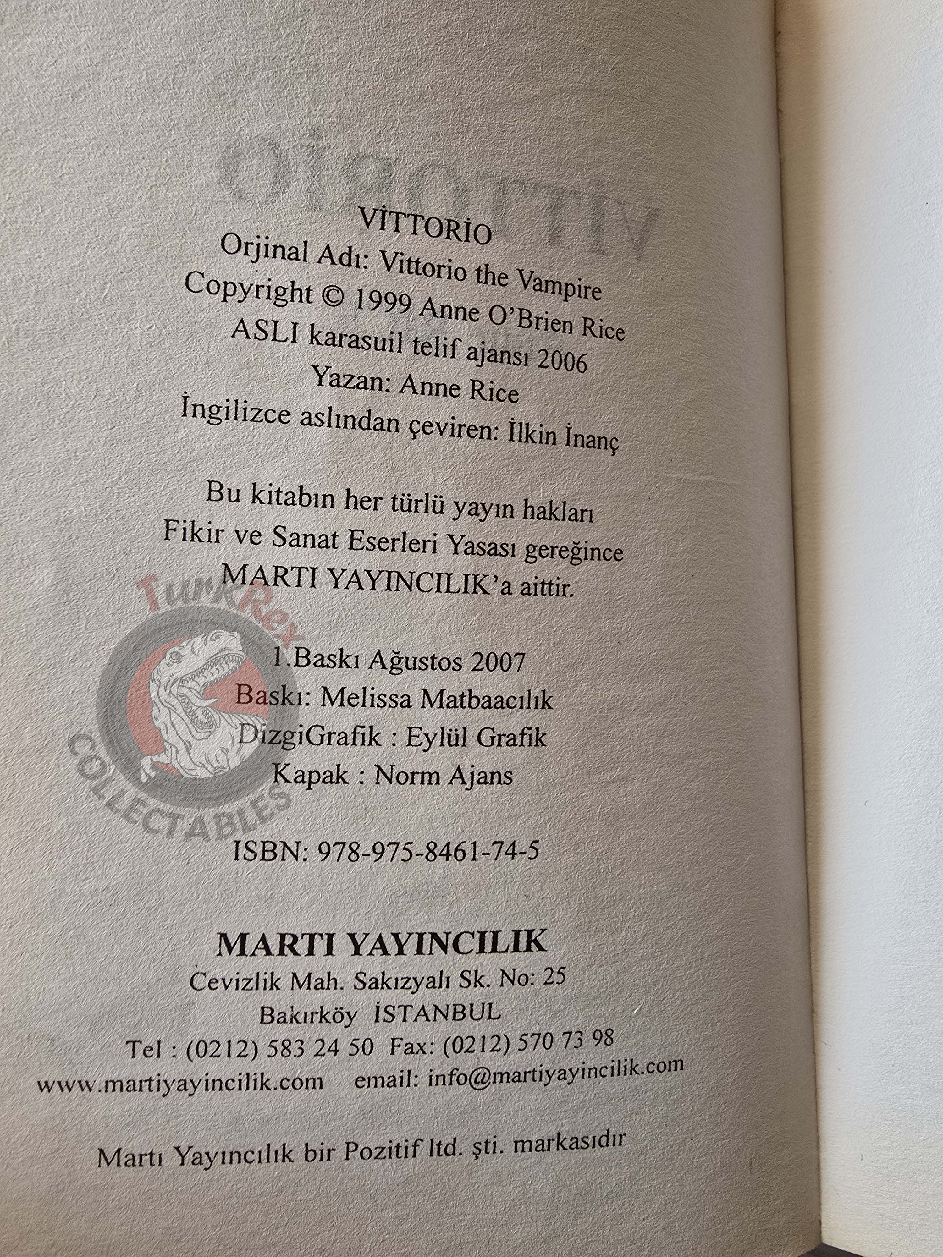 Anne Rice – Vittorio the Vampire 2007 1st Turkish Book Turkey