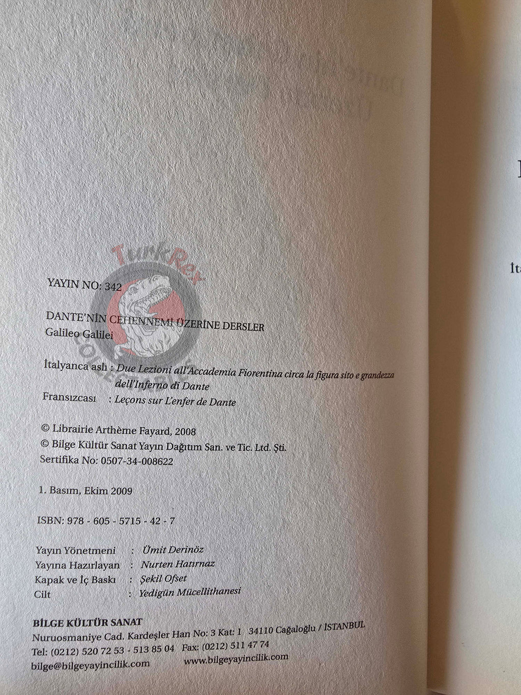 Galileo Galilei – Leçons sur l'Enfer de Dante 2009 Turkish Book Turkey