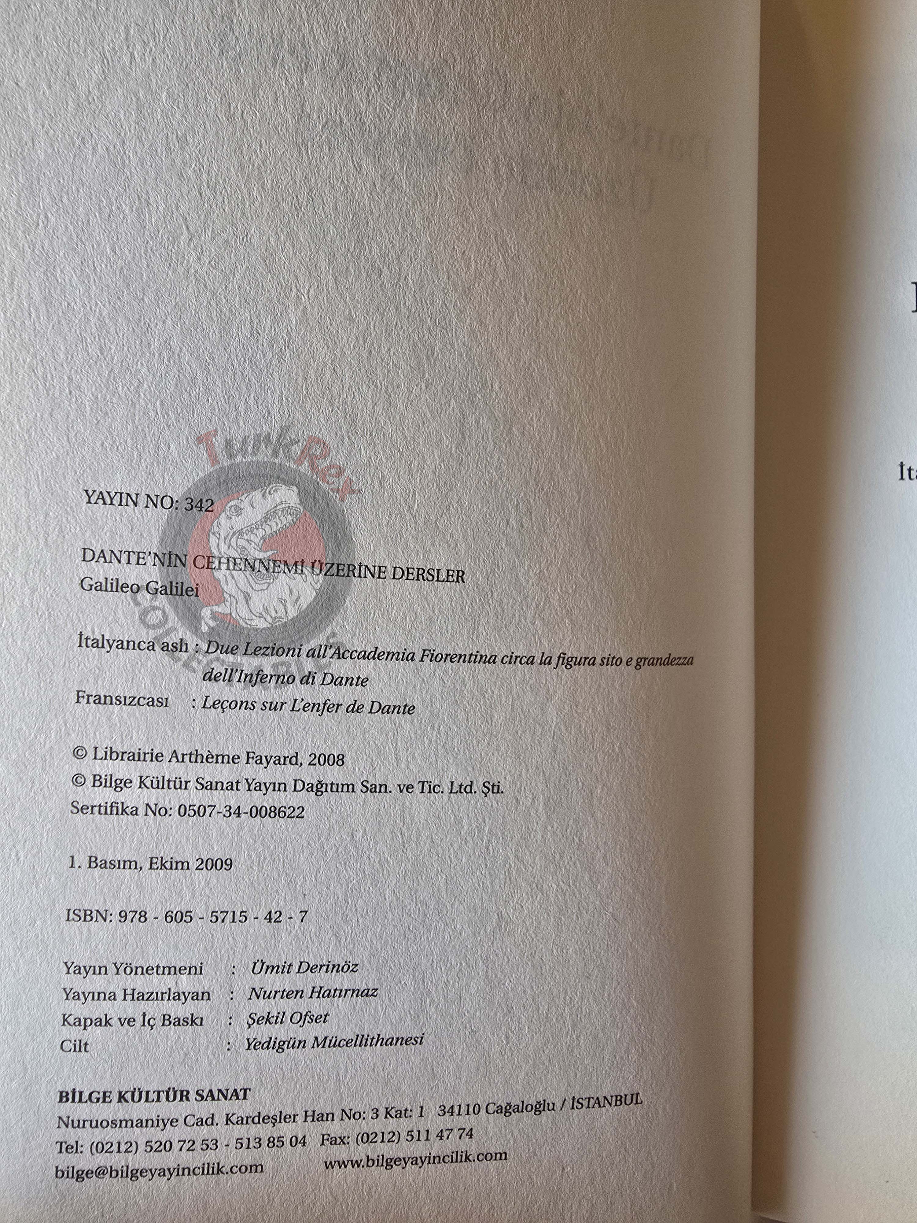 Galileo Galilei – Leçons sur l'Enfer de Dante 2009 Turkish Book Turkey