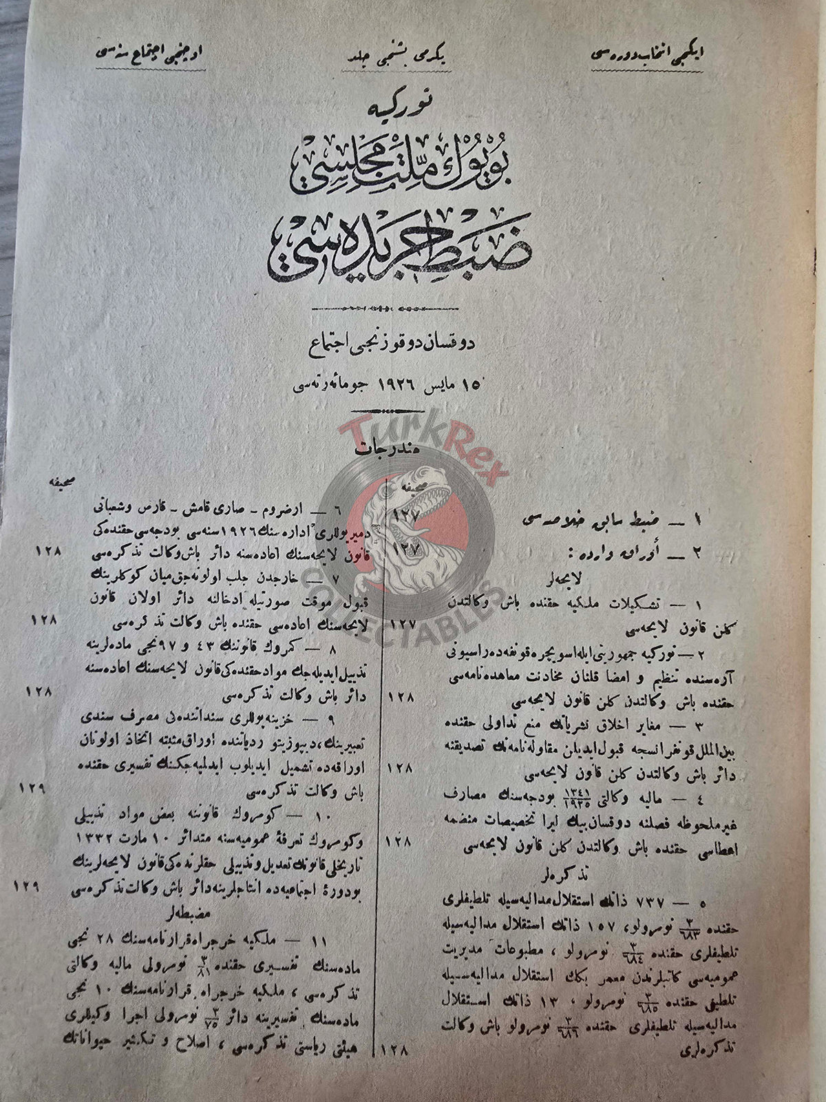 Official Ottoman Gazette Resmî Cerîde 20 May 1926 Turkish Republic