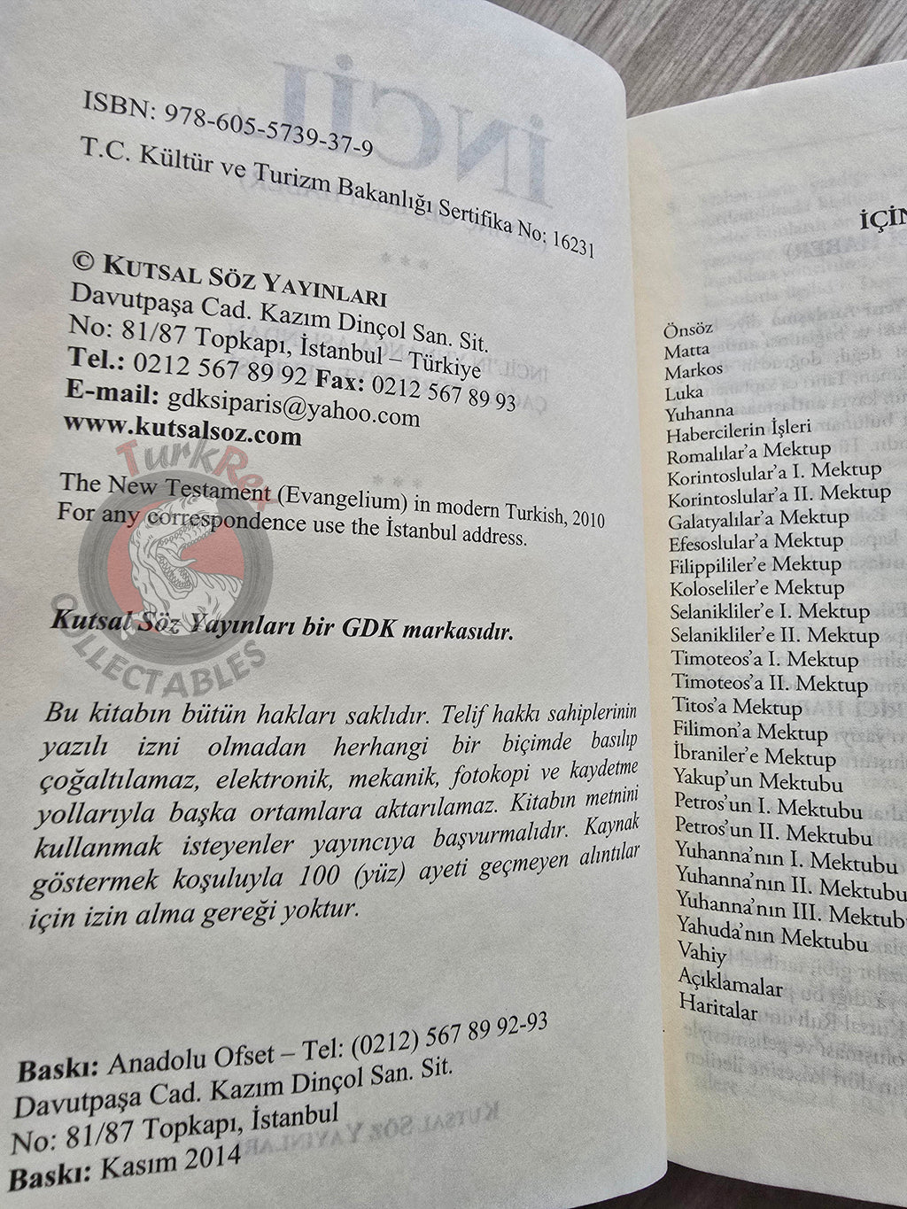 Bible The Holy Gospel 2014 Turkish Book New Testament