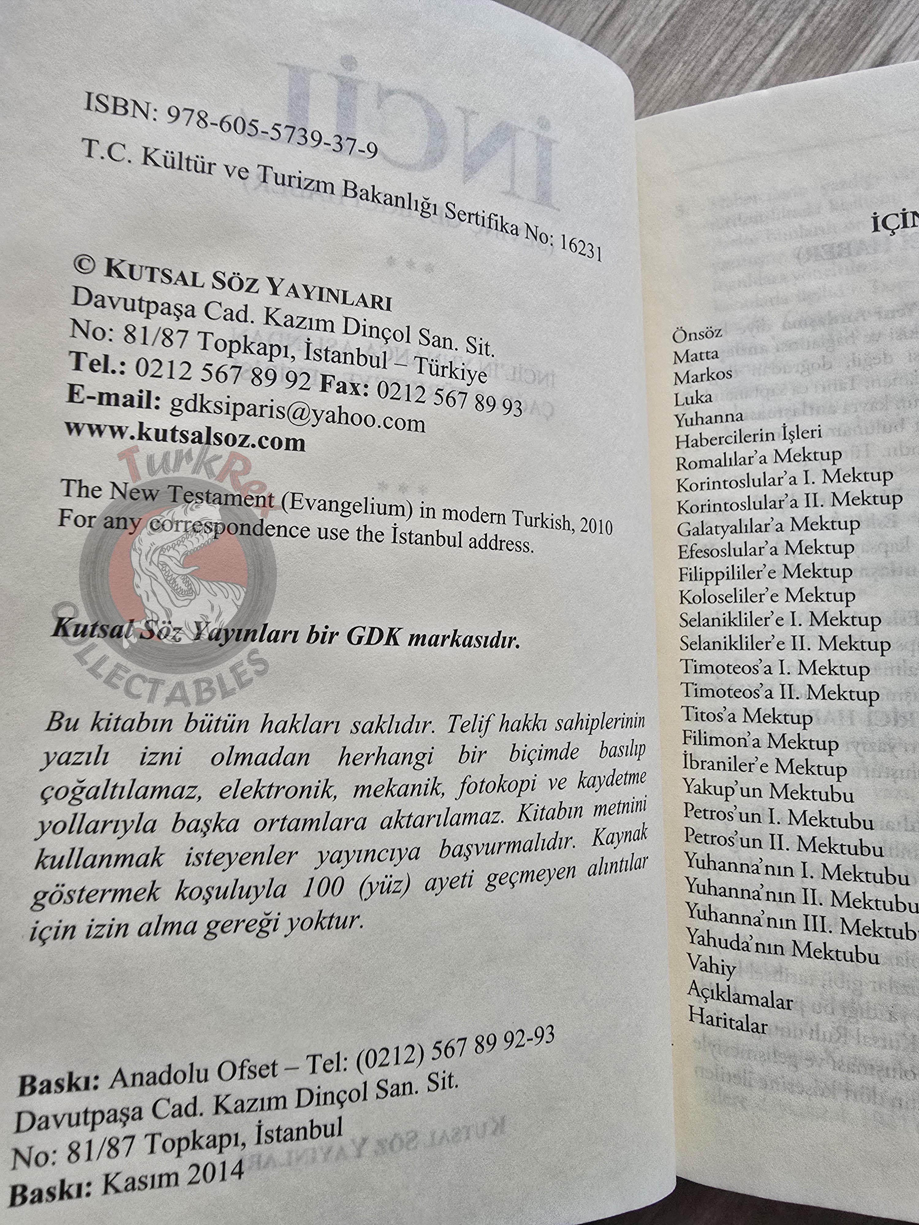Bible The Holy Gospel 2014 Turkish Book New Testament