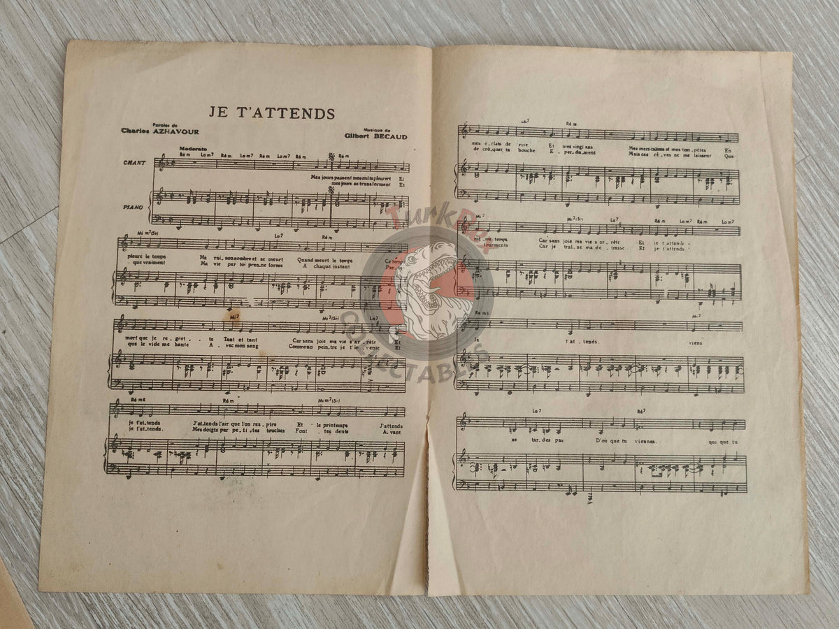 Charles Aznavour – Je T’Attends Turkish Vintage Musical Notes Sheet Turkey