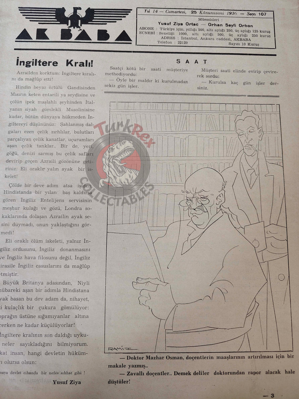 Akbaba 1936 Humor Magazine Turkish Turkey Modern Nero Mussolini Italy War WW2 era
