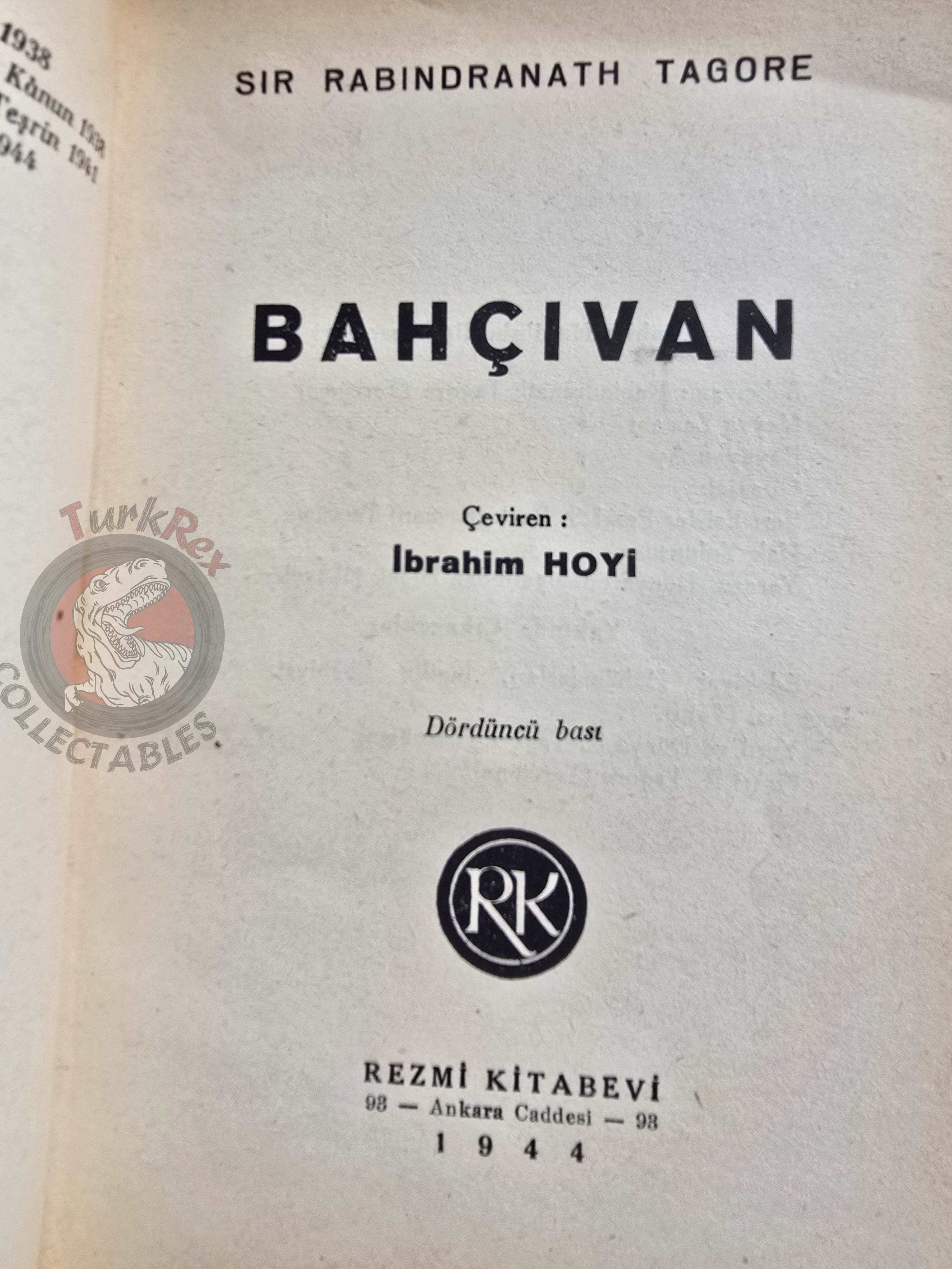 Rabindranath Tagore – The Gardener 1944 Turkish Book Turkey