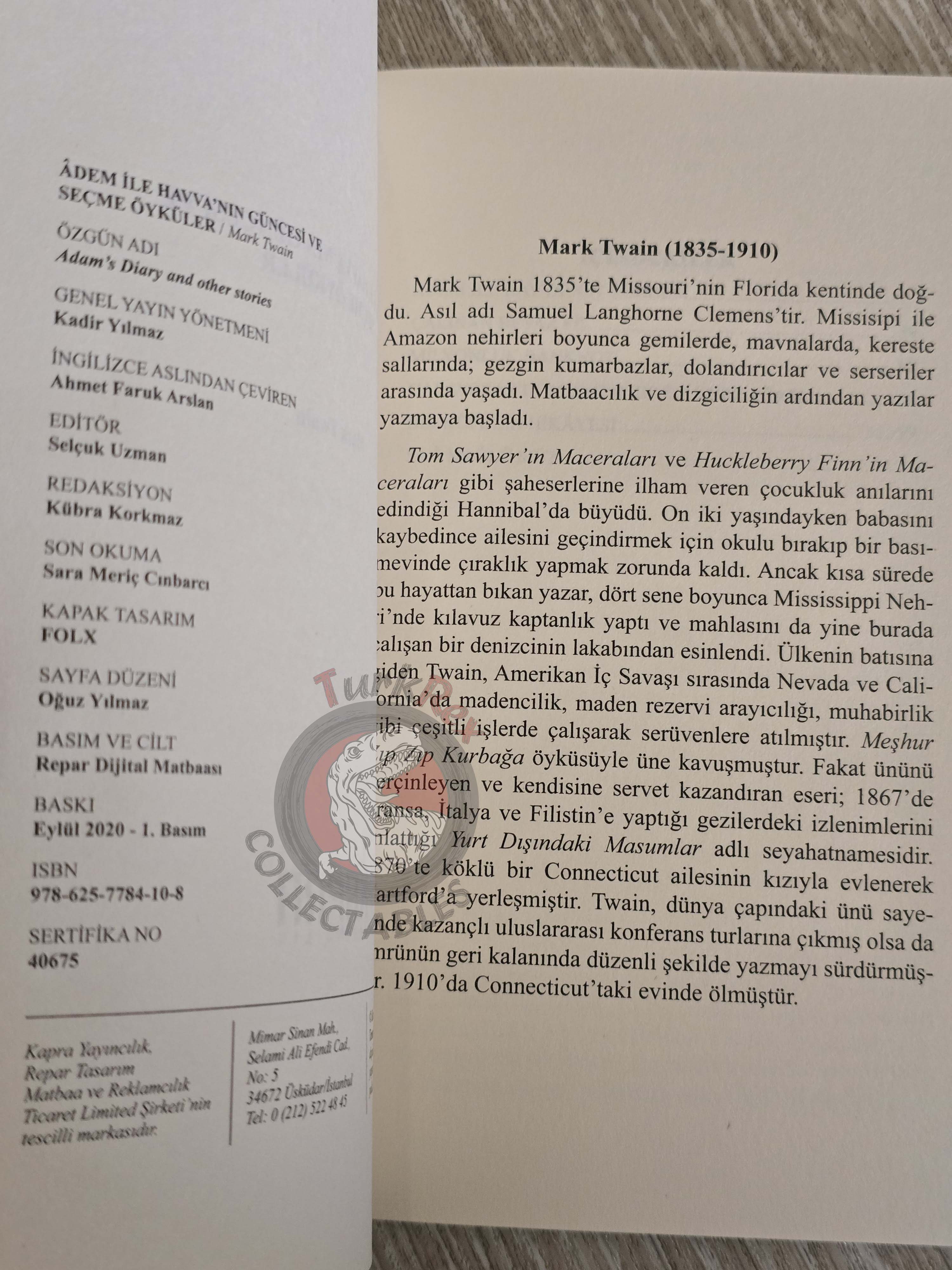 Mark Twain – Adam’s Diary and Other Stories  Turkish Book Turkey
