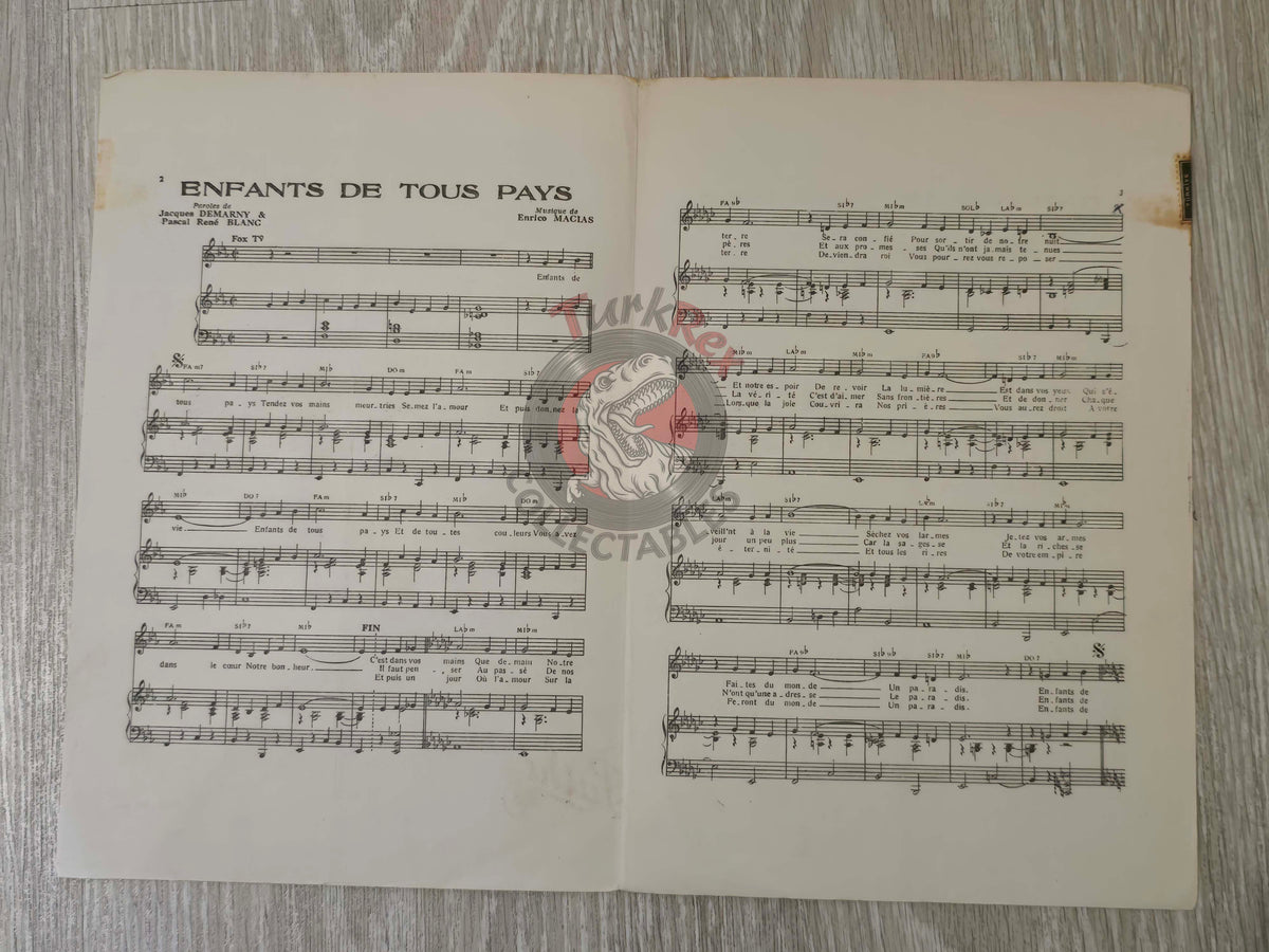 Enrico Macias – Enfants de Tous Pays Turkish Vintage Musical Notes Sheet Turkey