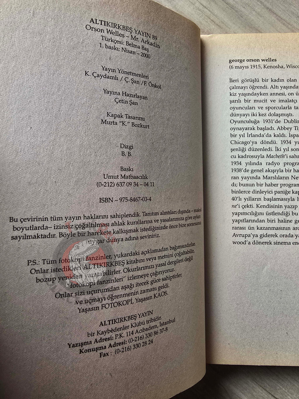 Orson Welles – Mr. Arkadin 2000 Turkish Book Turkey