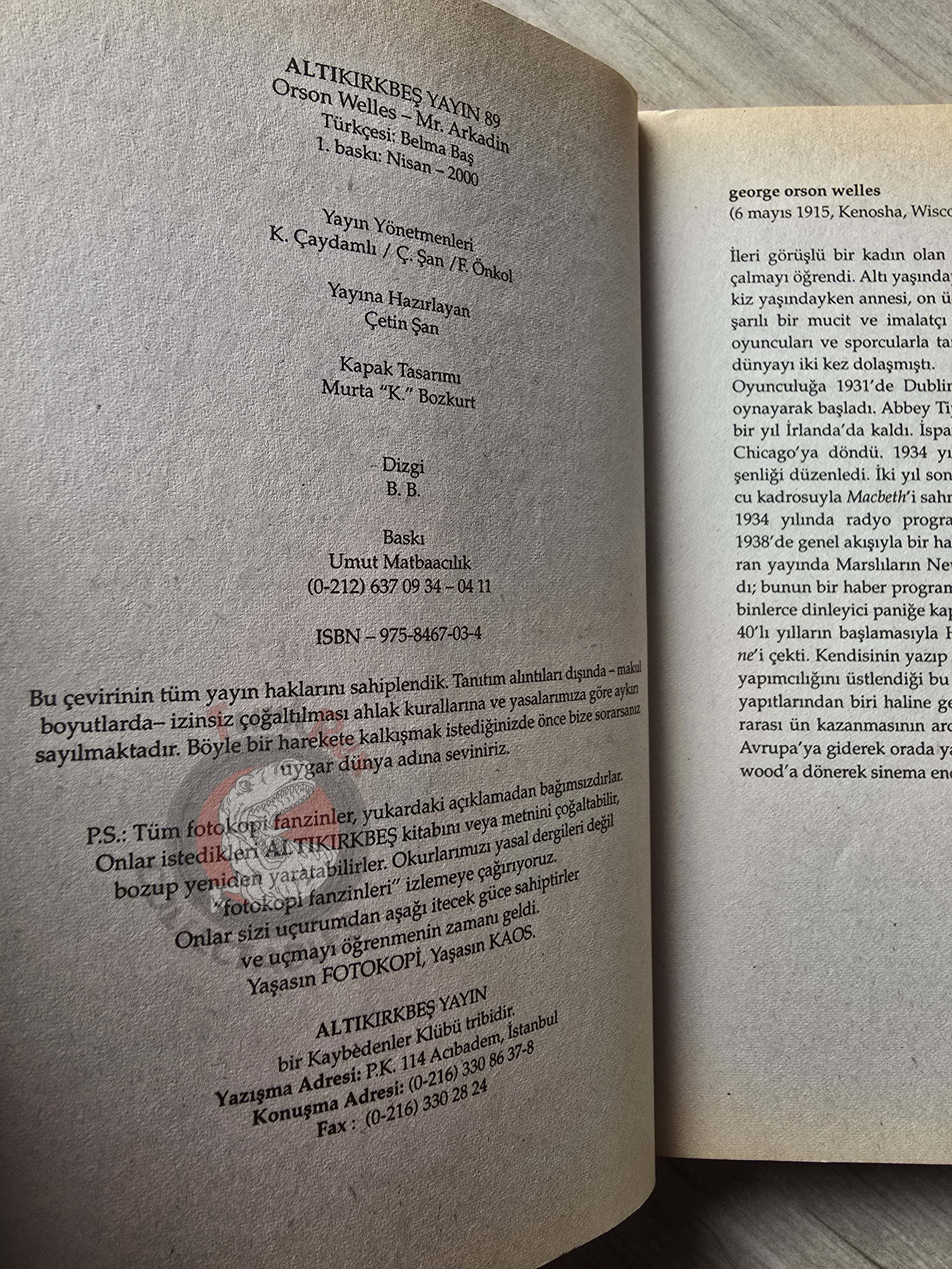 Orson Welles – Mr. Arkadin 2000 Turkish Book Turkey
