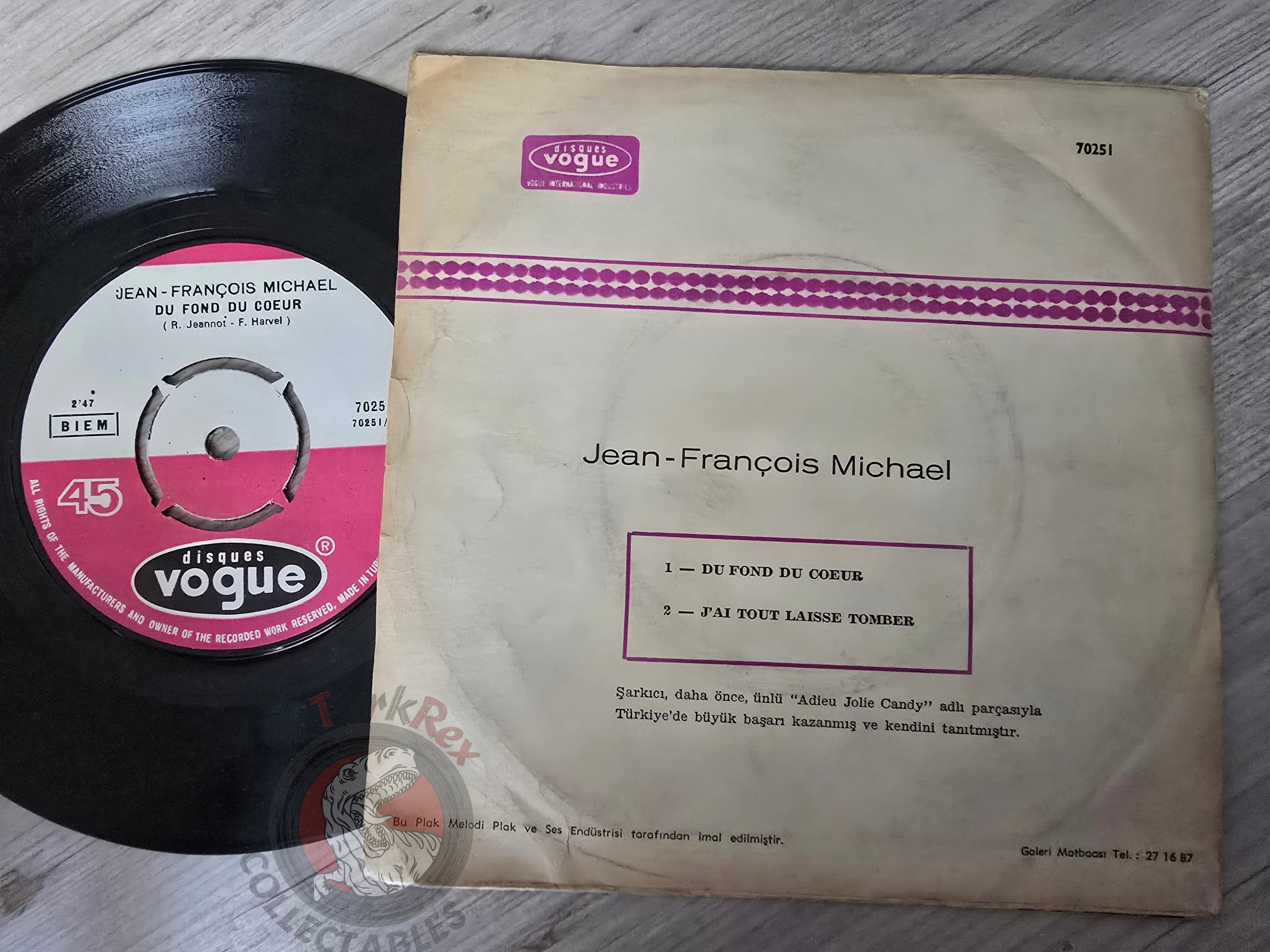 Jean-François Michael – Du Fond Du Coeur 7" Turkish Pressing Vinyl Turkey Edition