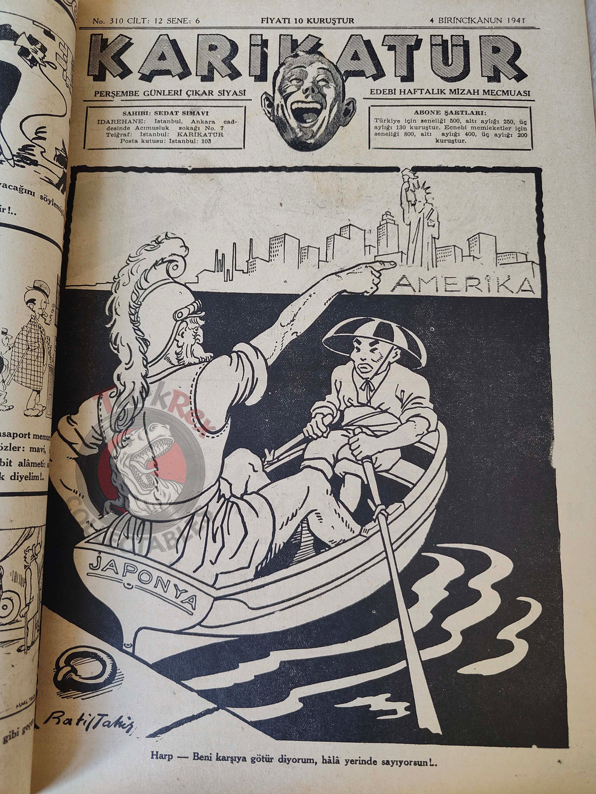 Karikatür 1941 Humor Magazine Turkish Turkey Moscow on Ice German Soldier WW2 era Russia Mussolini USA