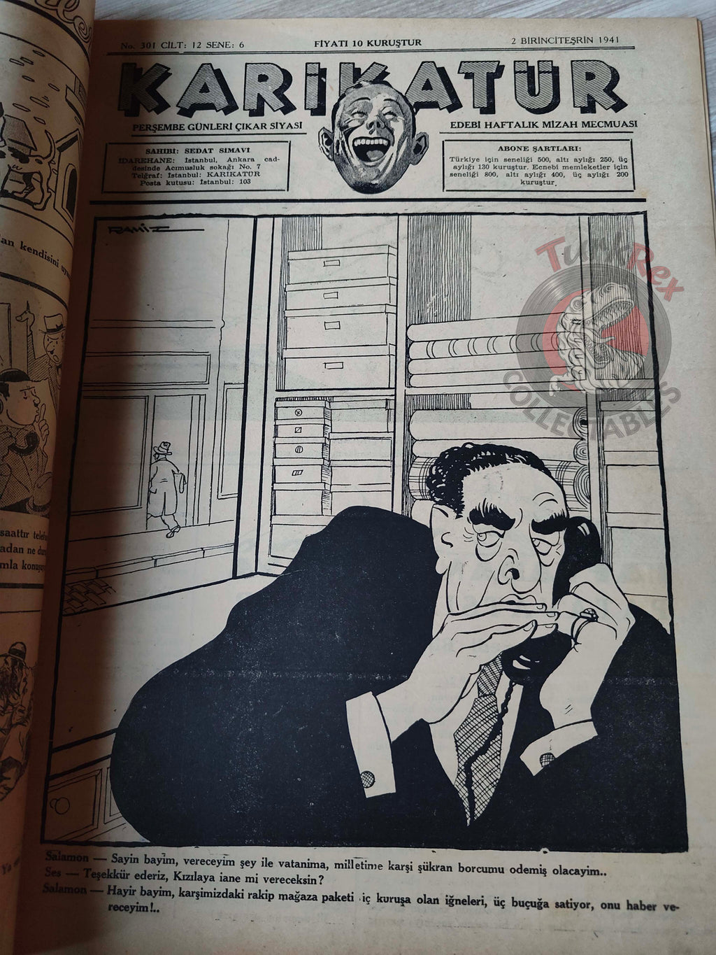 Karikatür 1941 Humor Magazine Turkish Turkey Azrael War WW2 era Roosevelt USA Charles Lindbergh
