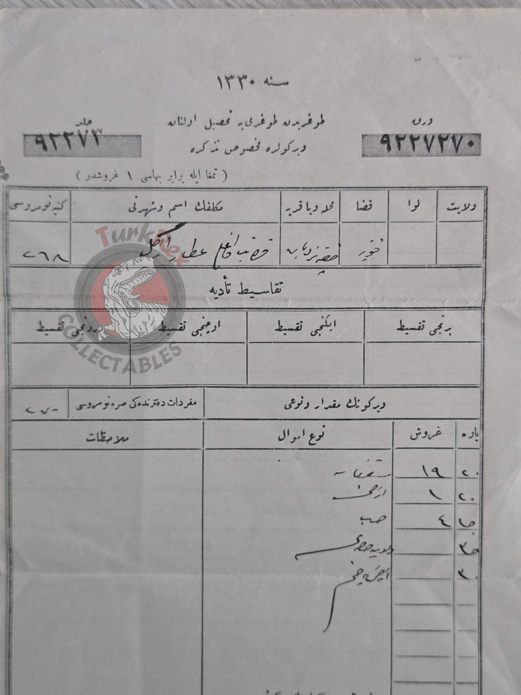 Ottoman Tax Receipt 1914 Armenian Taxpayer Konya Empire Armenia Anatolia