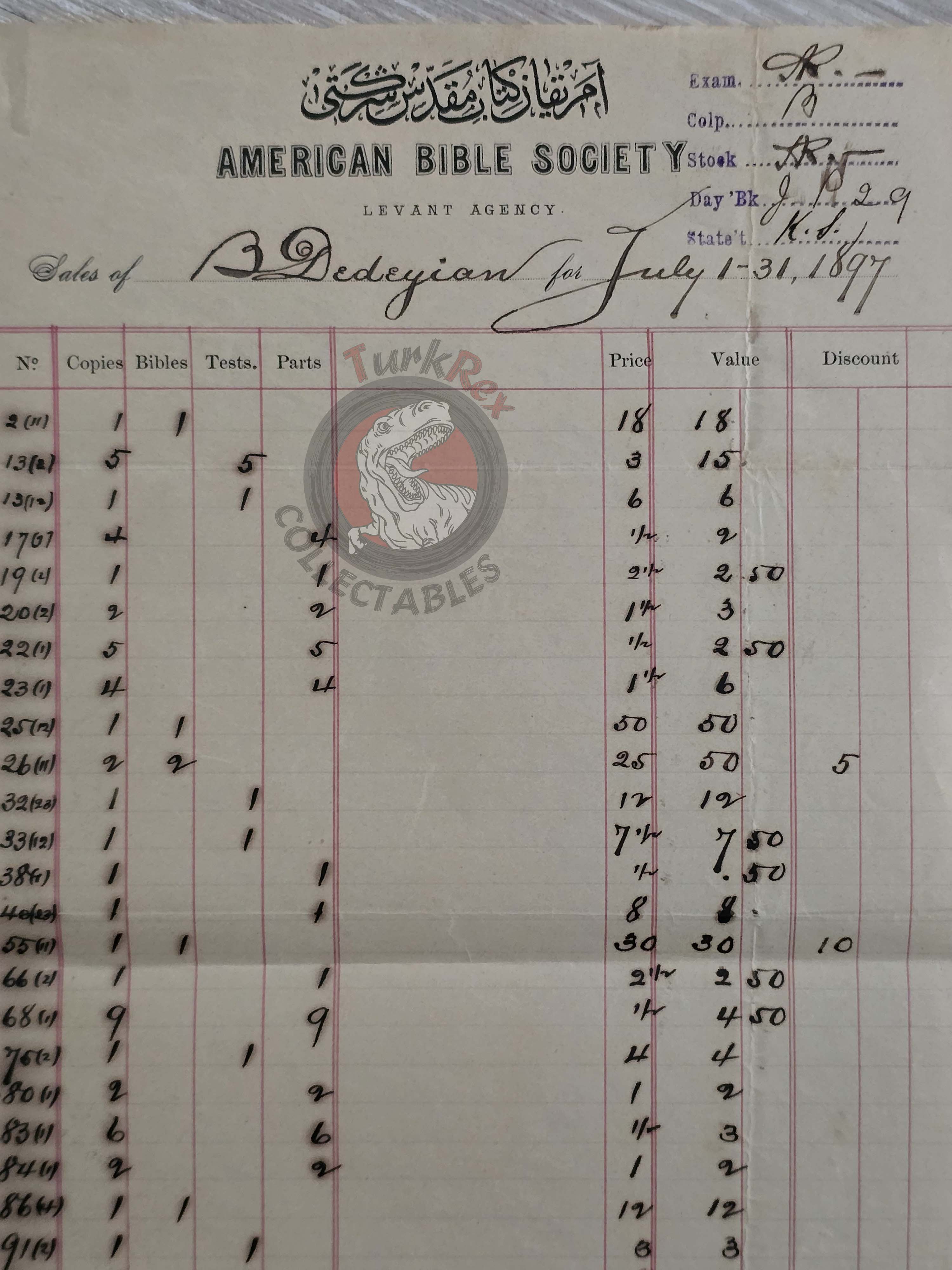 American Bible Society 1897 Dedeyan Armenian Book Order Form Ottoman Empire Armenia