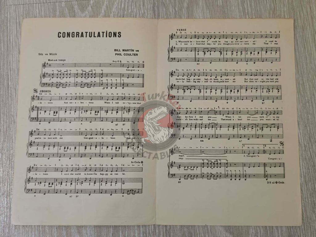 Cliff Richard – Congratulations Turkish Vintage Musical Notes Sheet Turkey The Shadows
