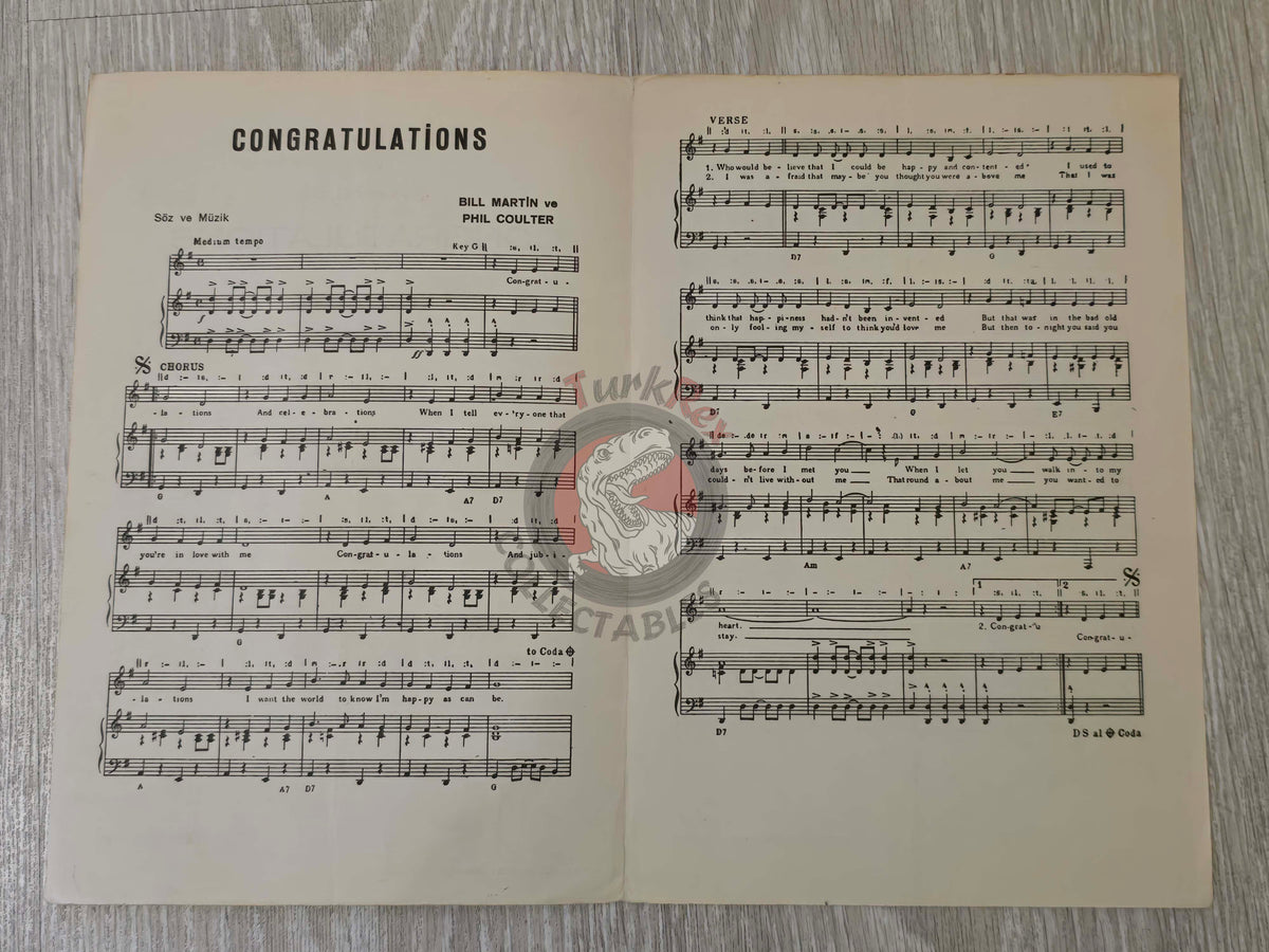 Cliff Richard – Congratulations Turkish Vintage Musical Notes Sheet Turkey The Shadows