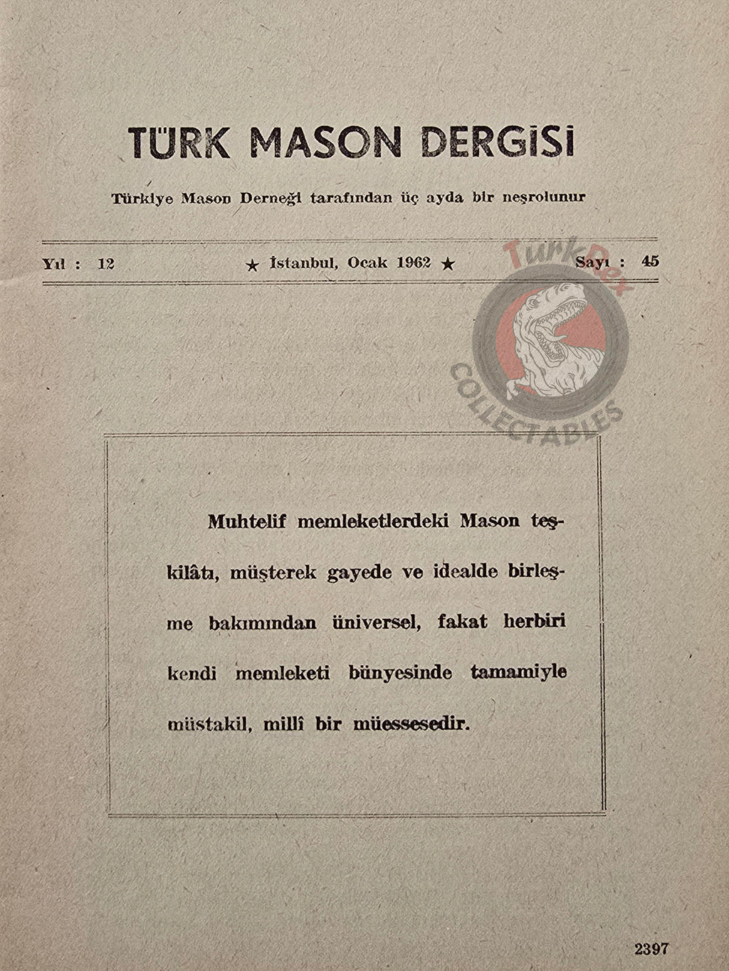Turkish Freemasonry Masonic Journal 1962 Magazine Masonic Masons of Turkey