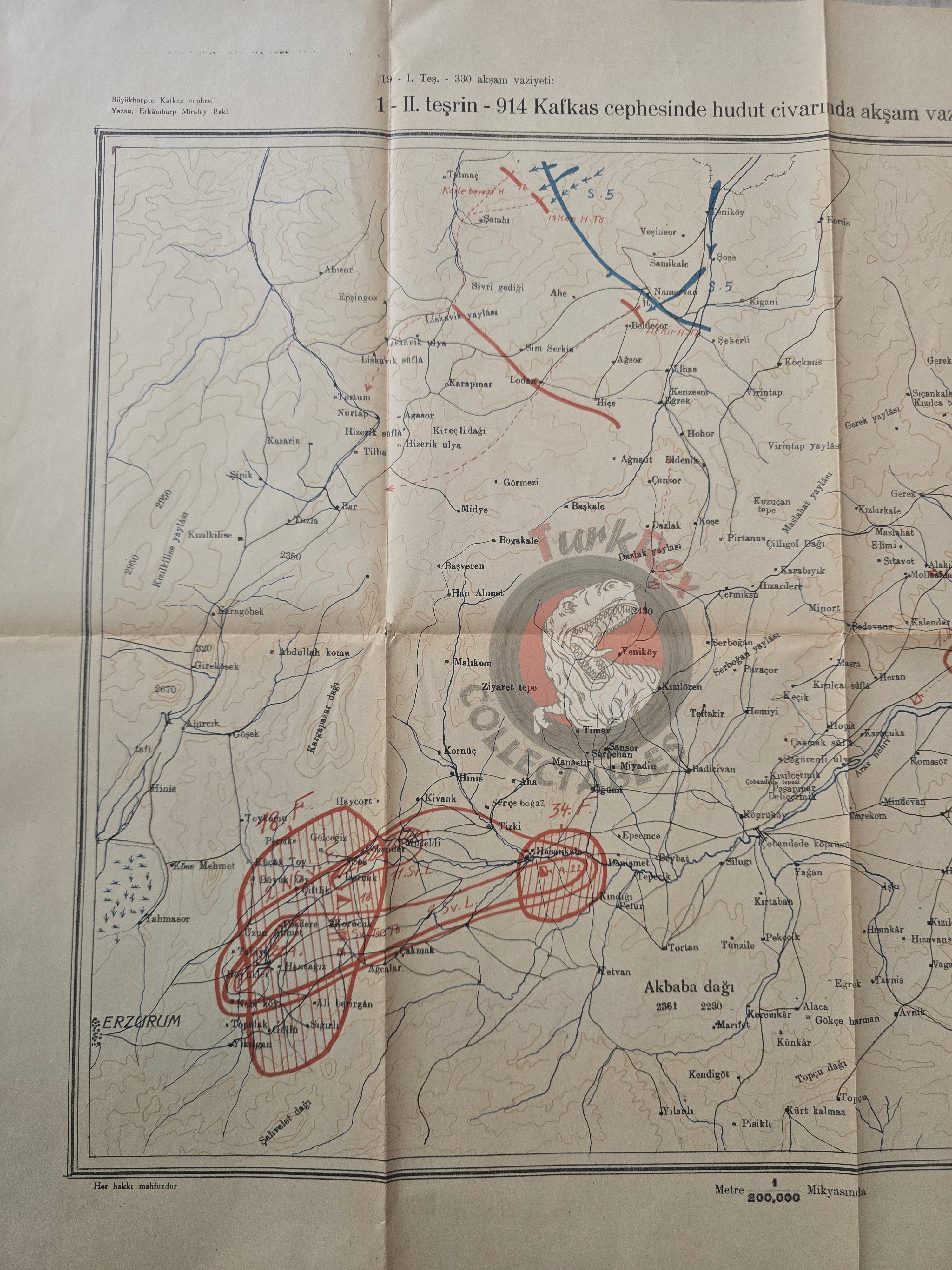 Caucasus Front in WWI November 1914 Ottoman Empire Military Map Russia Turkish 1932 Watermark