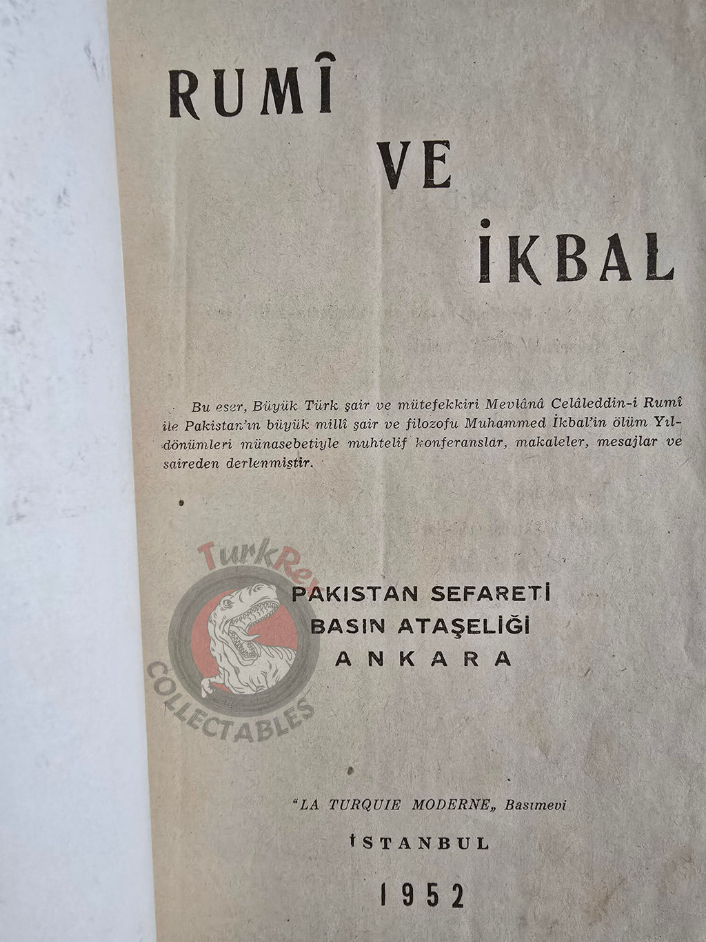 Rumi Mevlana and Muhammad Iqbal 1952 1st Turkish Book Turkey Pakistan Embassy Islam