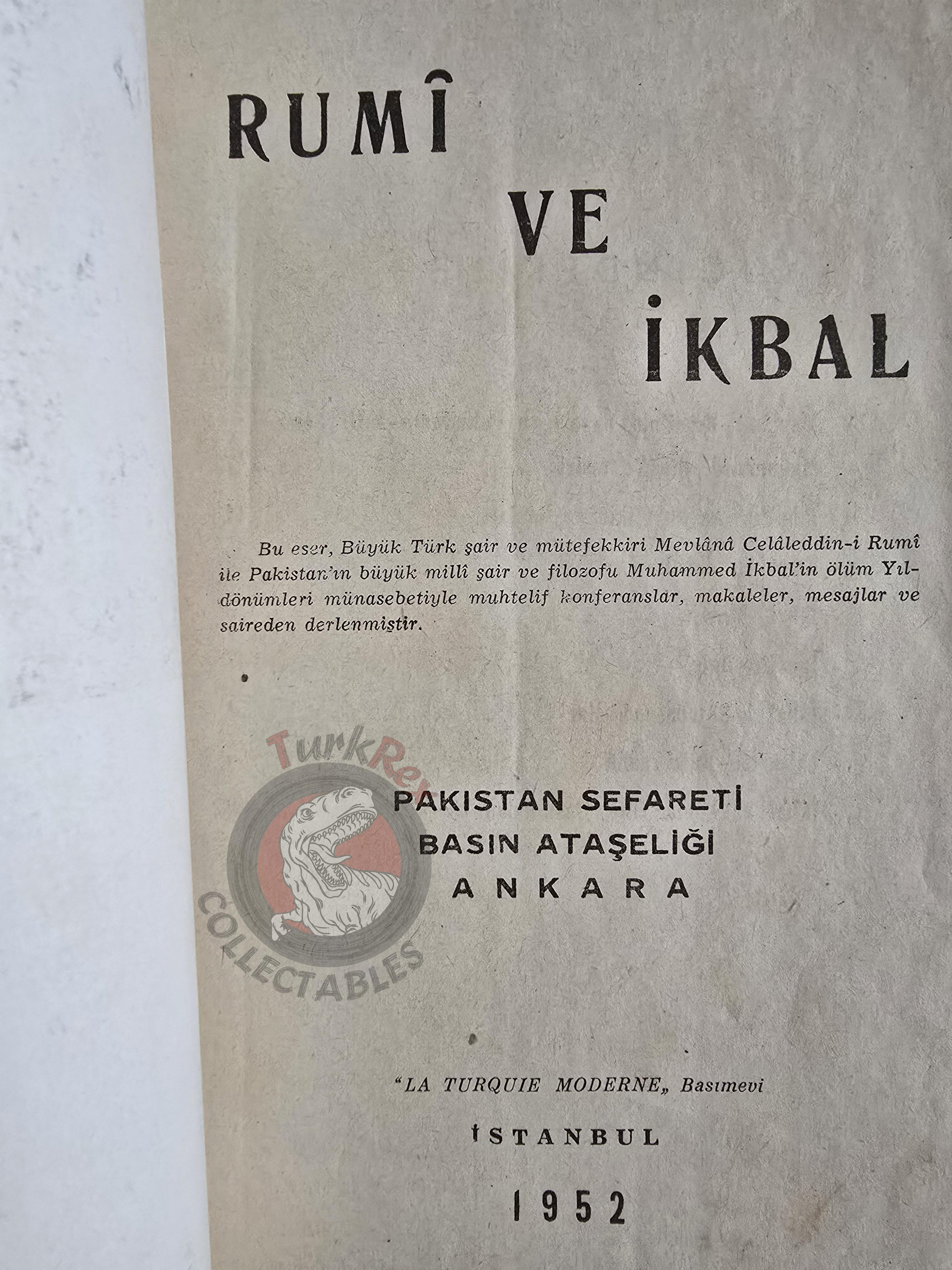 Rumi Mevlana and Muhammad Iqbal 1952 1st Turkish Book Turkey Pakistan Embassy Islam