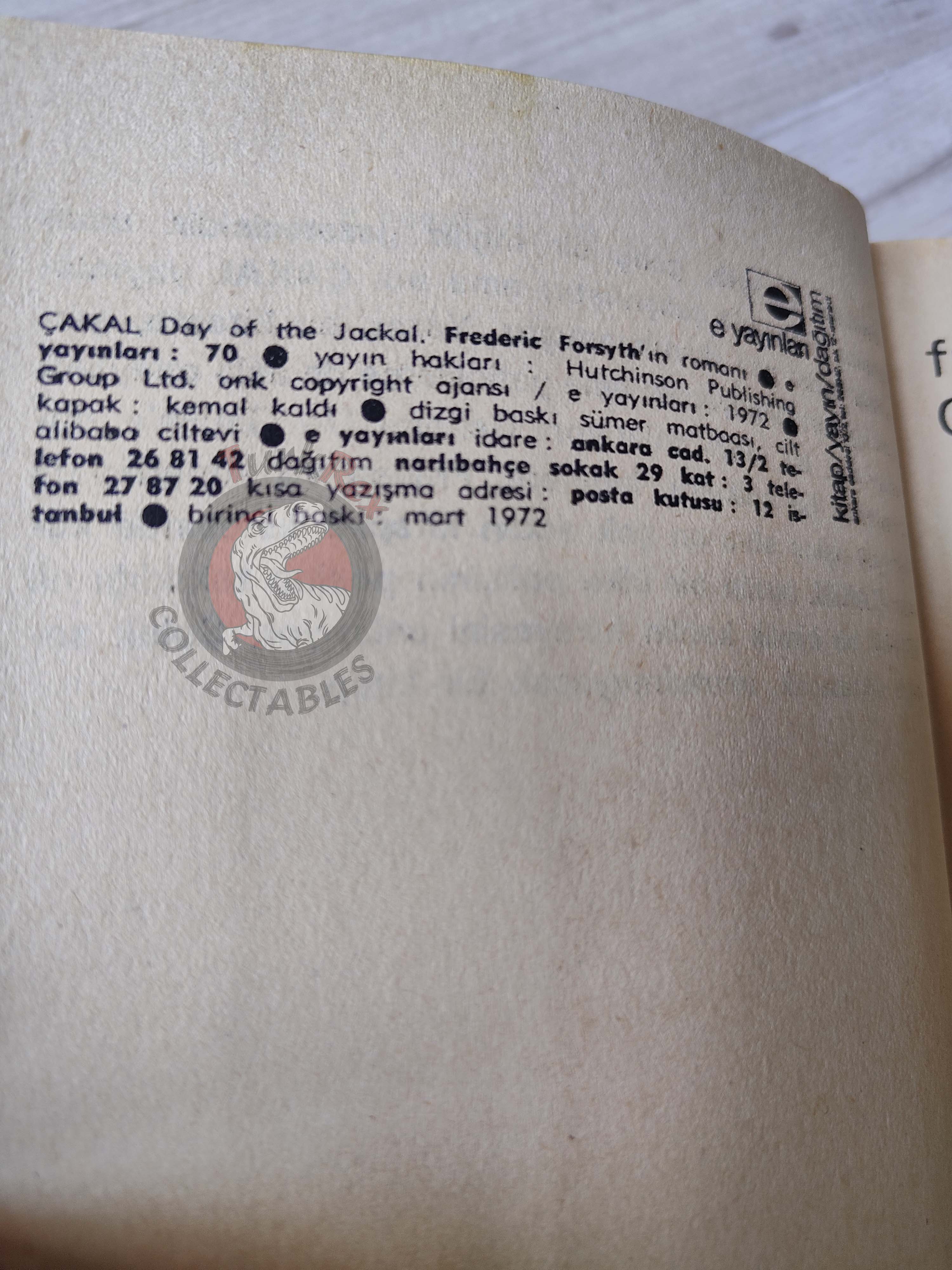 Frederick Forsyth – The Day of the Jackal  1972 1st Turkish Book Turkey