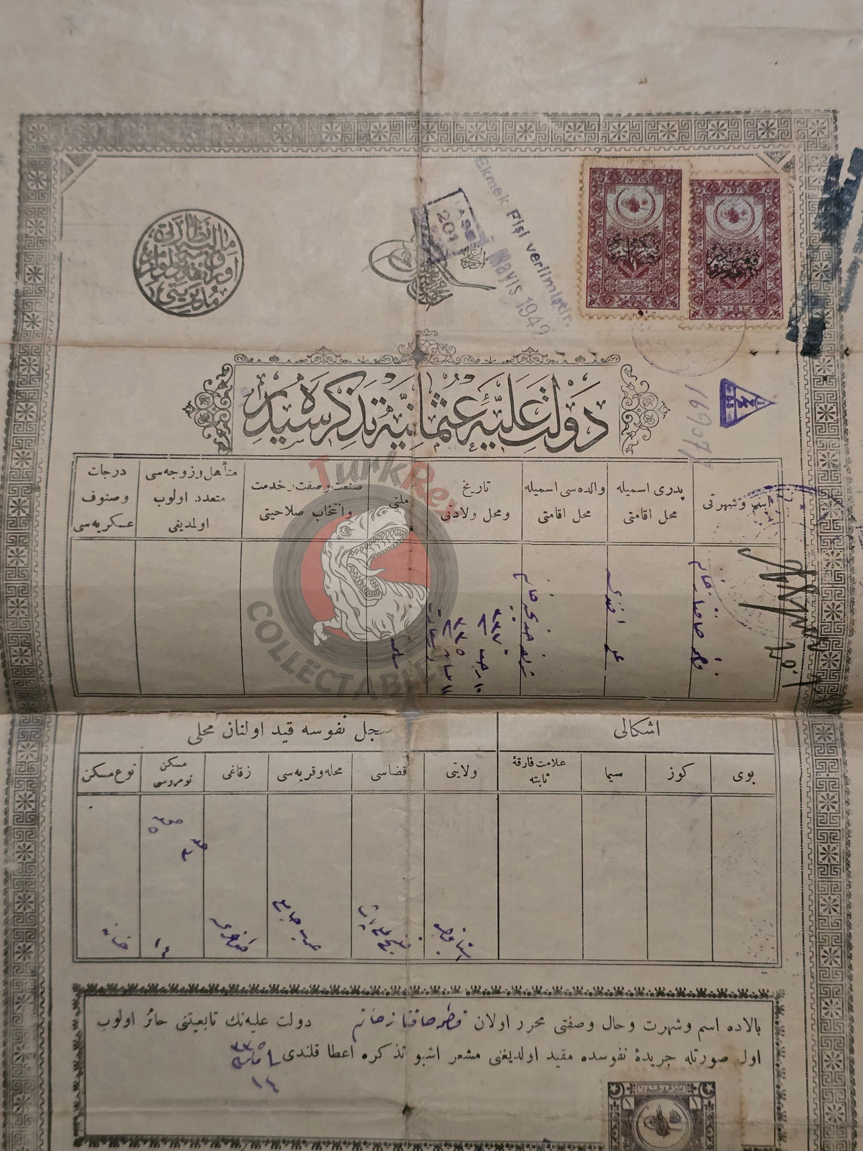 Ottoman Identity Document 1919 İstanbul Muslim Female Citizen Fatma Safinaz
