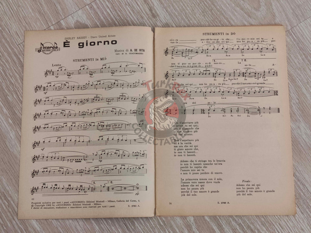 Shirley Bassey –  È Giorno Italian Vintage Musical Notes Sheet Italy Robertino