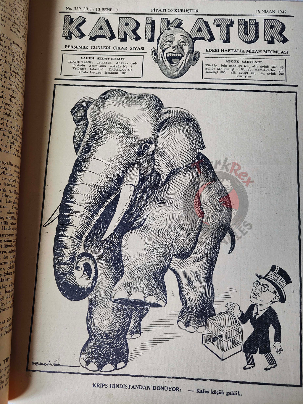 Karikatür 1942 Humor Magazine Turkish Turkey War Sir Stafford Cripps India WW2 era Japan USA