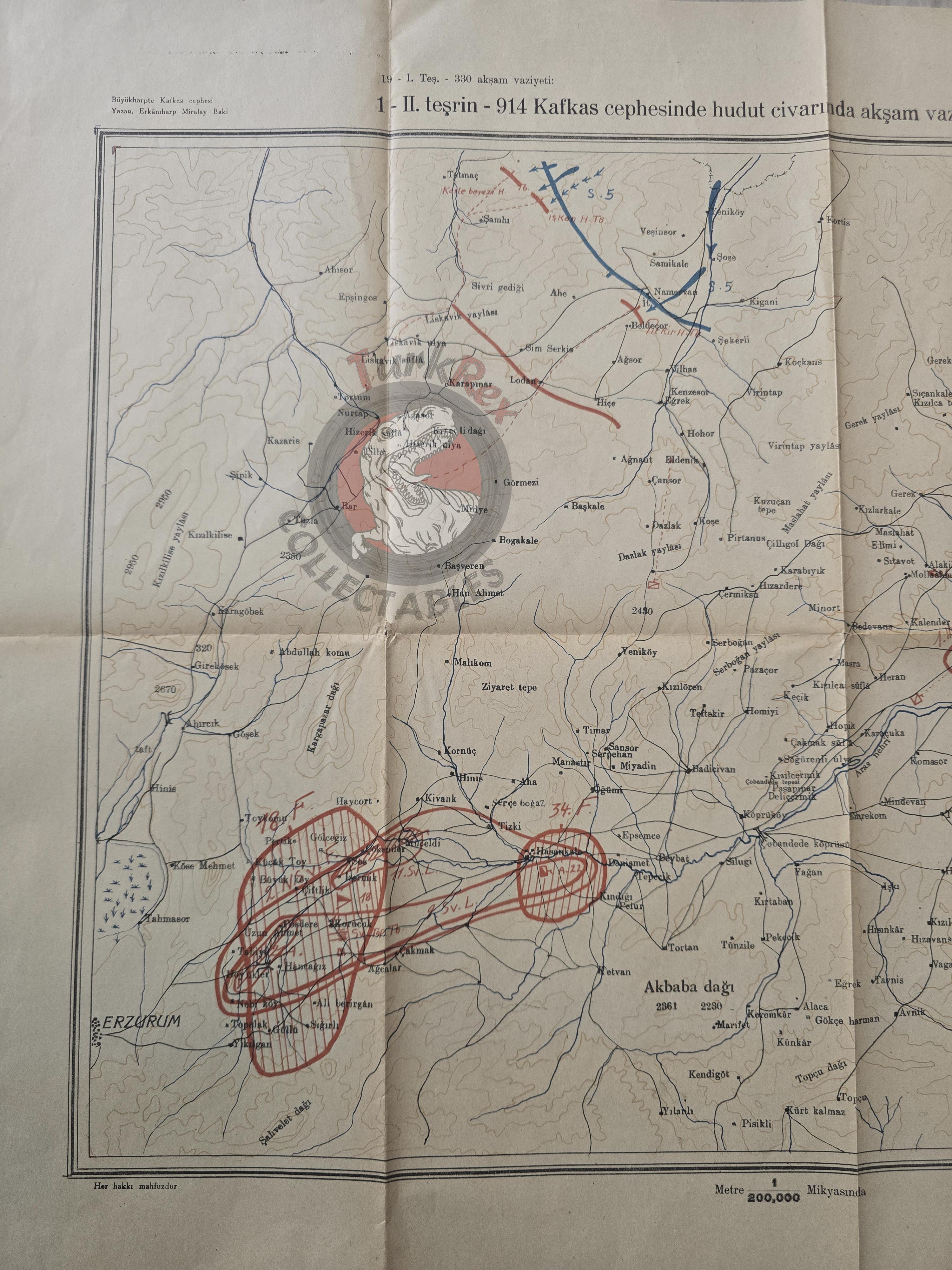 Caucasus Front in WWI November 1914 Ottoman Empire Military Map Russia Turkish 1932 Watermark