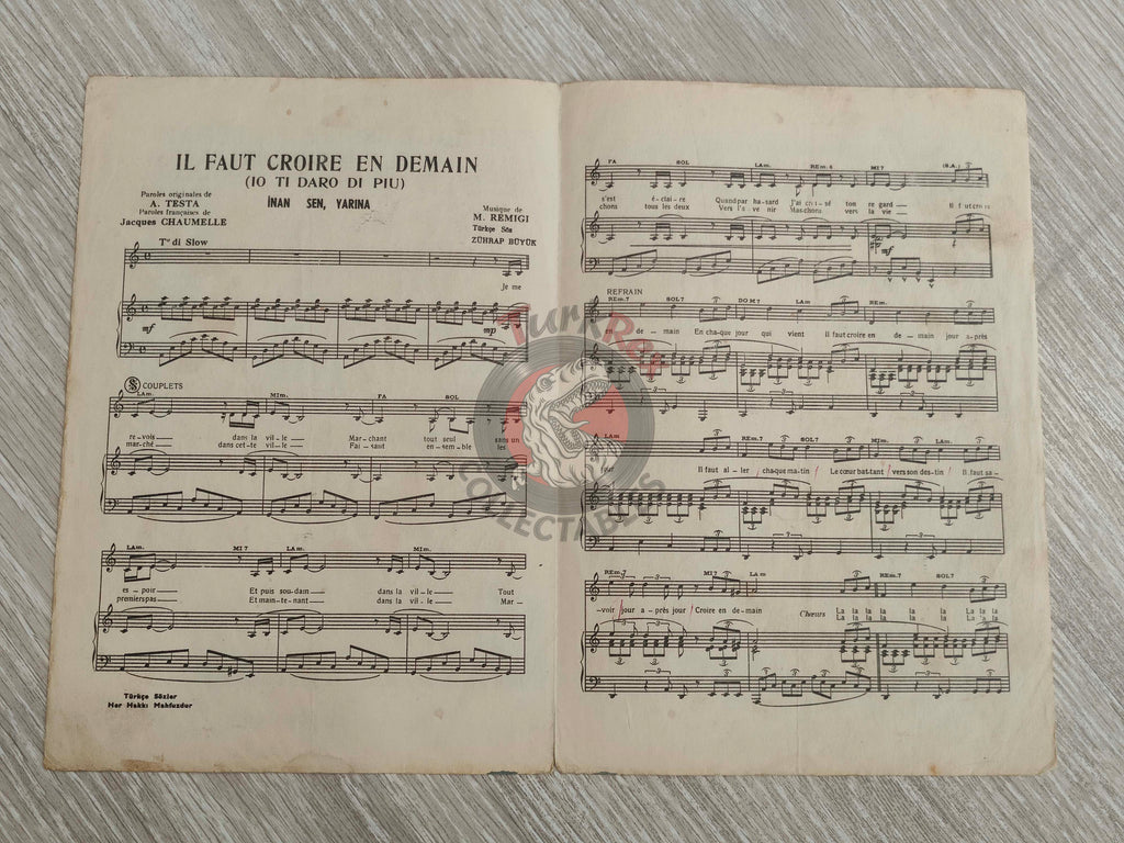 Hervé Vilard – Il Faut Croire en Demain Turkish Vintage Musical Notes Sheet Turkey