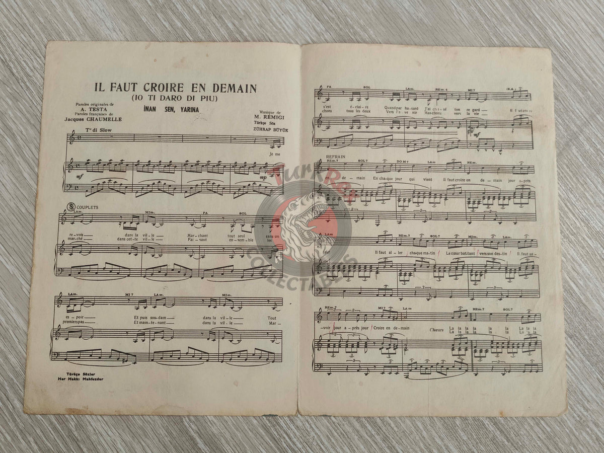 Hervé Vilard – Il Faut Croire en Demain Turkish Vintage Musical Notes Sheet Turkey