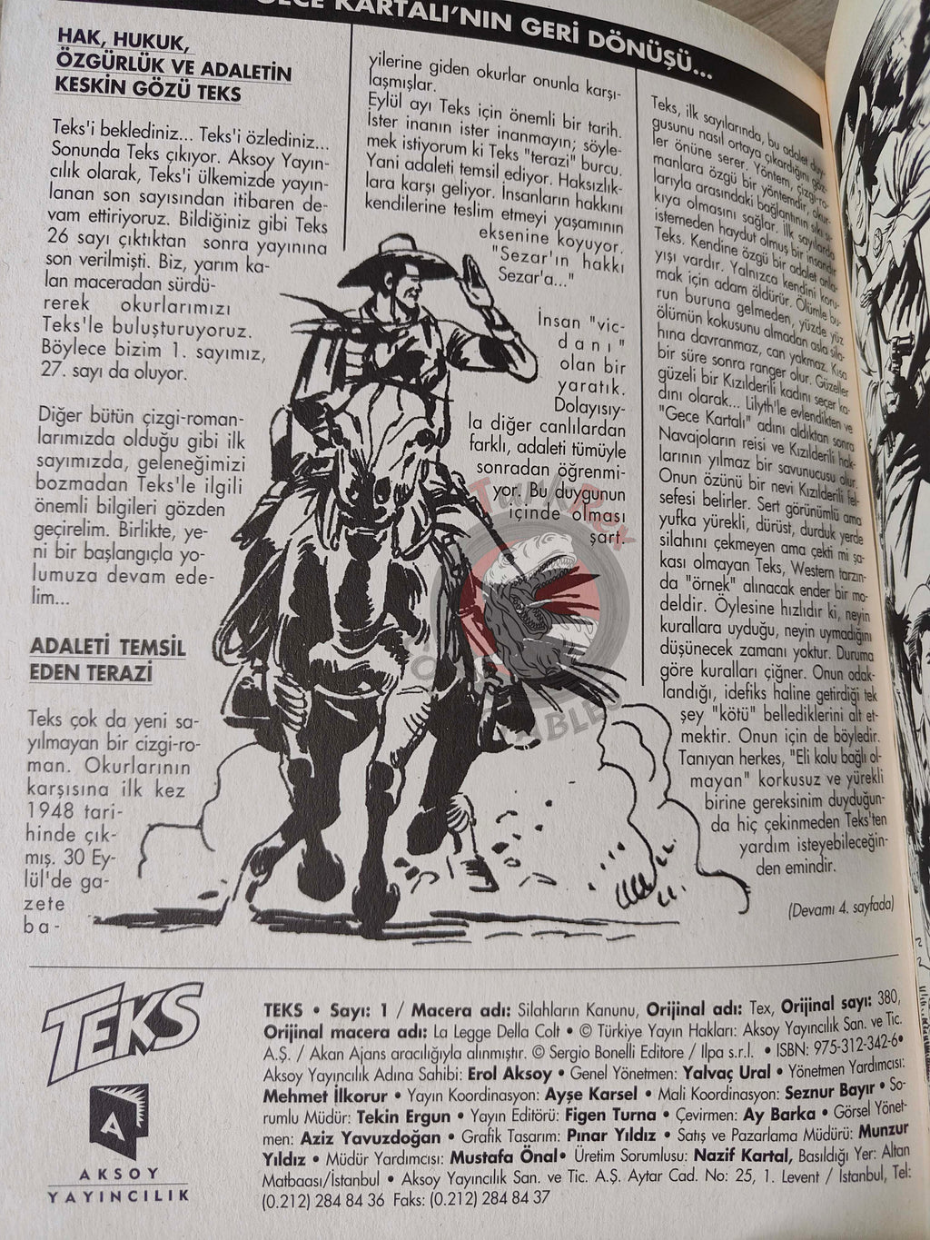 Tex #1 La Legge Della Colt 2000 Turkish Comic Turkey Bonelli Teks Willer