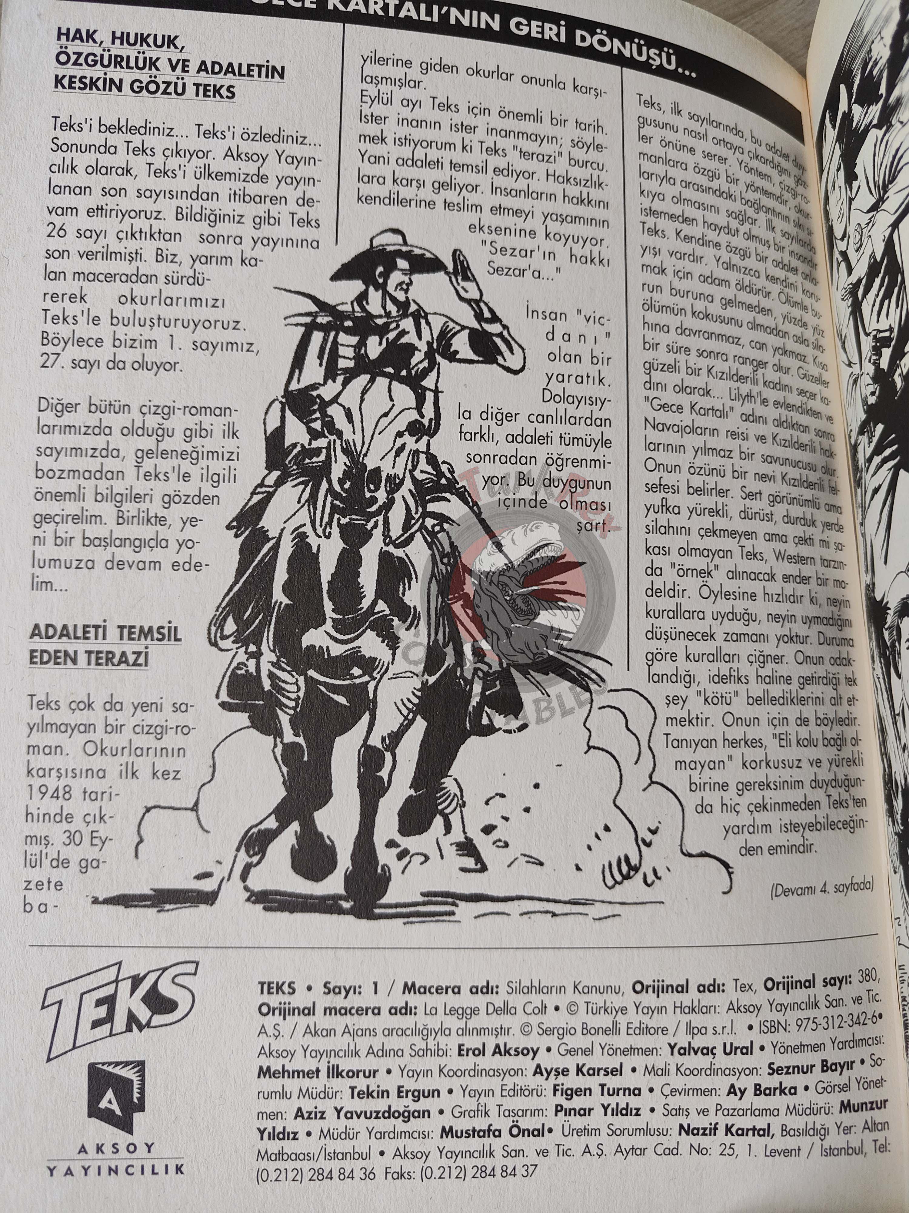 Tex #1 La Legge Della Colt 2000 Turkish Comic Turkey Bonelli Teks Willer