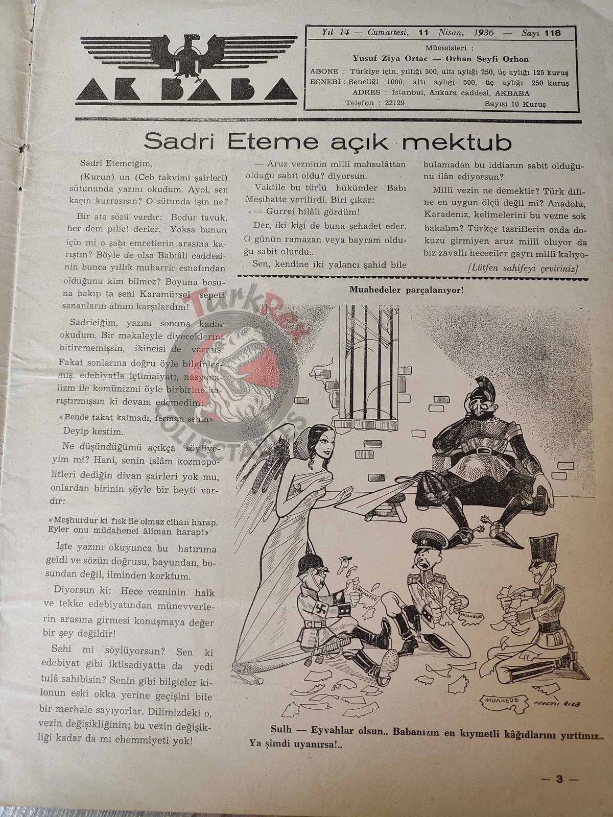 Akbaba 1936 Humor Magazine Turkish Turkey France War WW2 era Versailles Telefunken Ethiopia